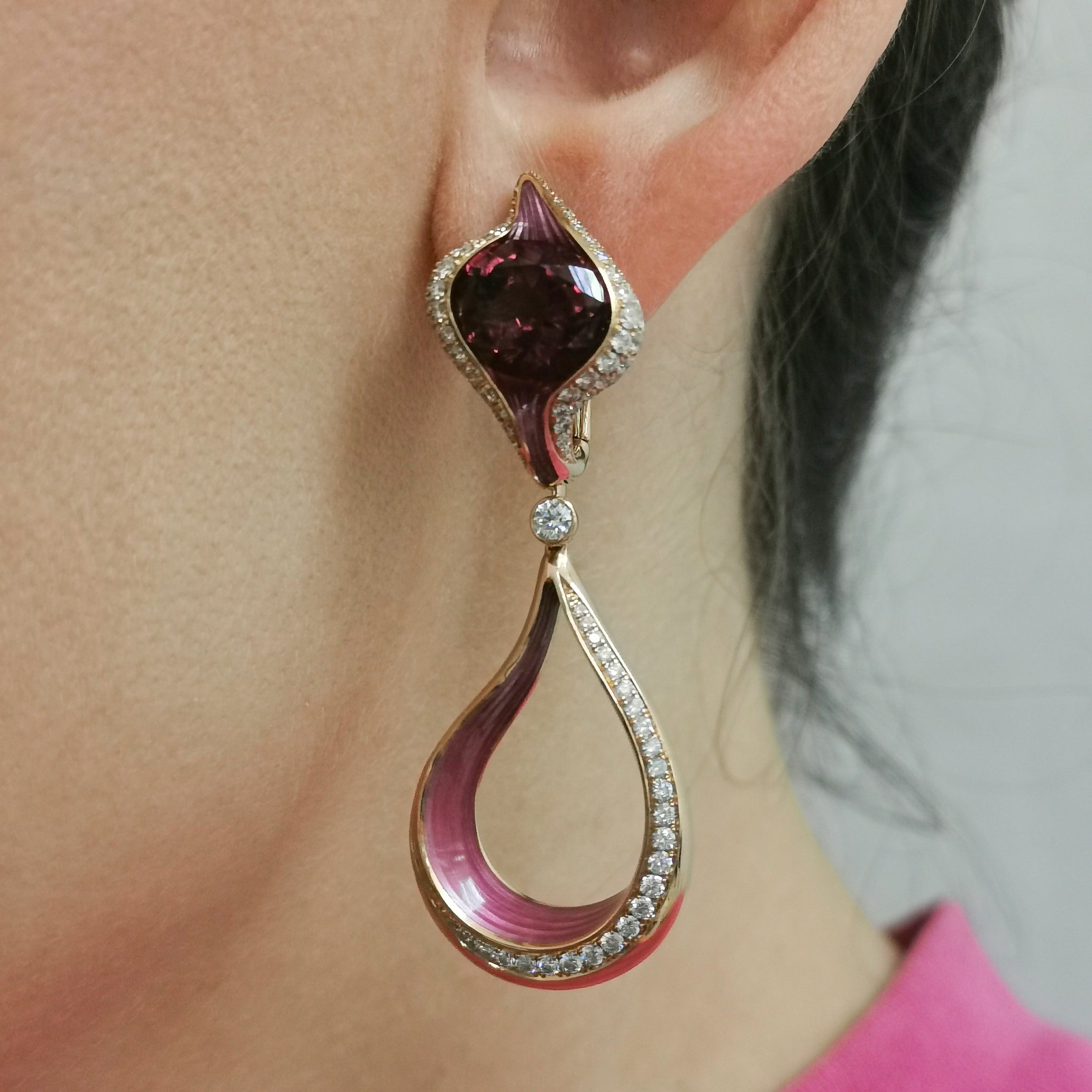 Enamel, Pink Tourmaline, Diamonds 18K Rose Gold Earrings, E 0123-04