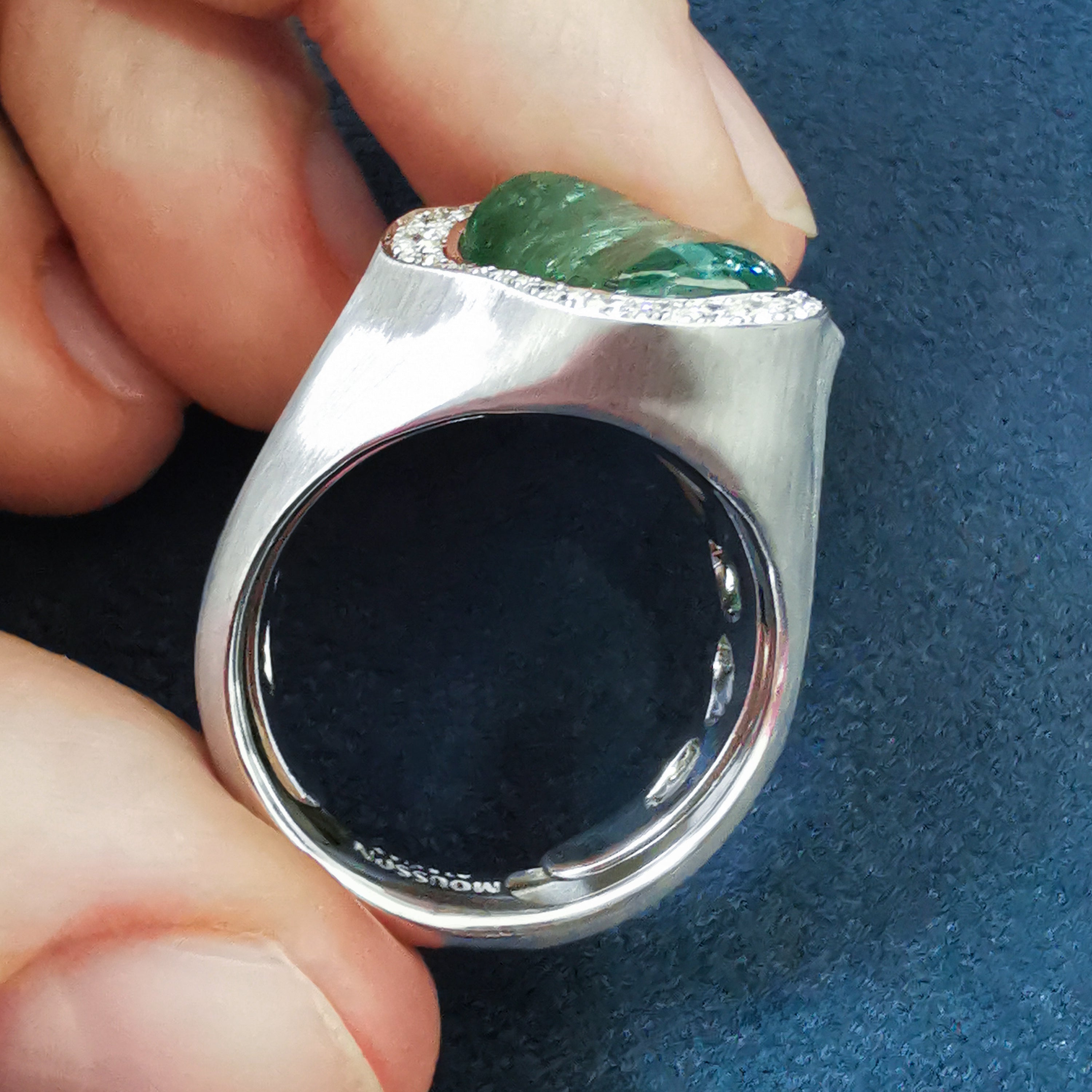 Green Tourmaline, Diamonds Ring 18K White Gold, R 0030-29/1