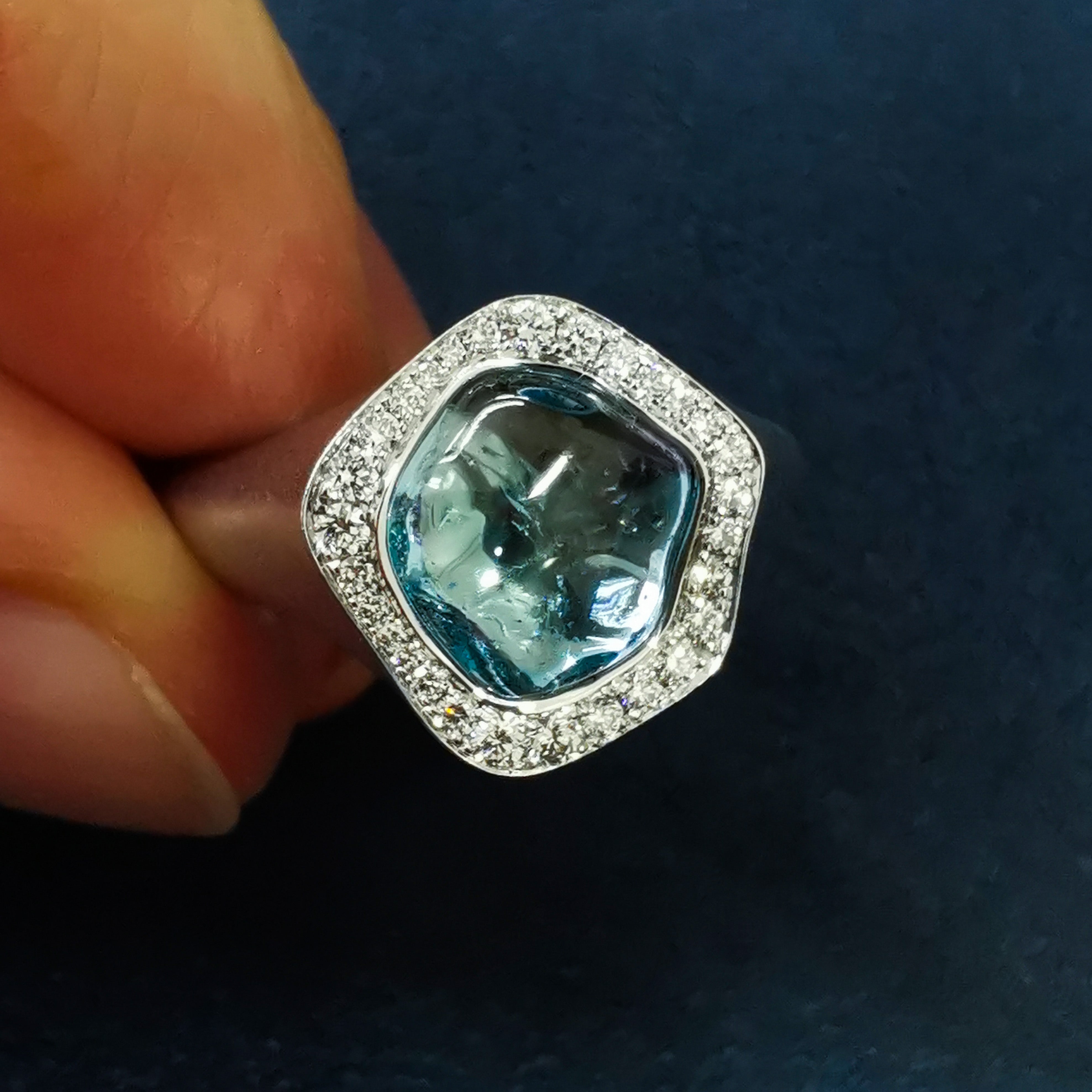 R 0030-7/1 18K White Gold, Aquamarine, Diamonds Ring