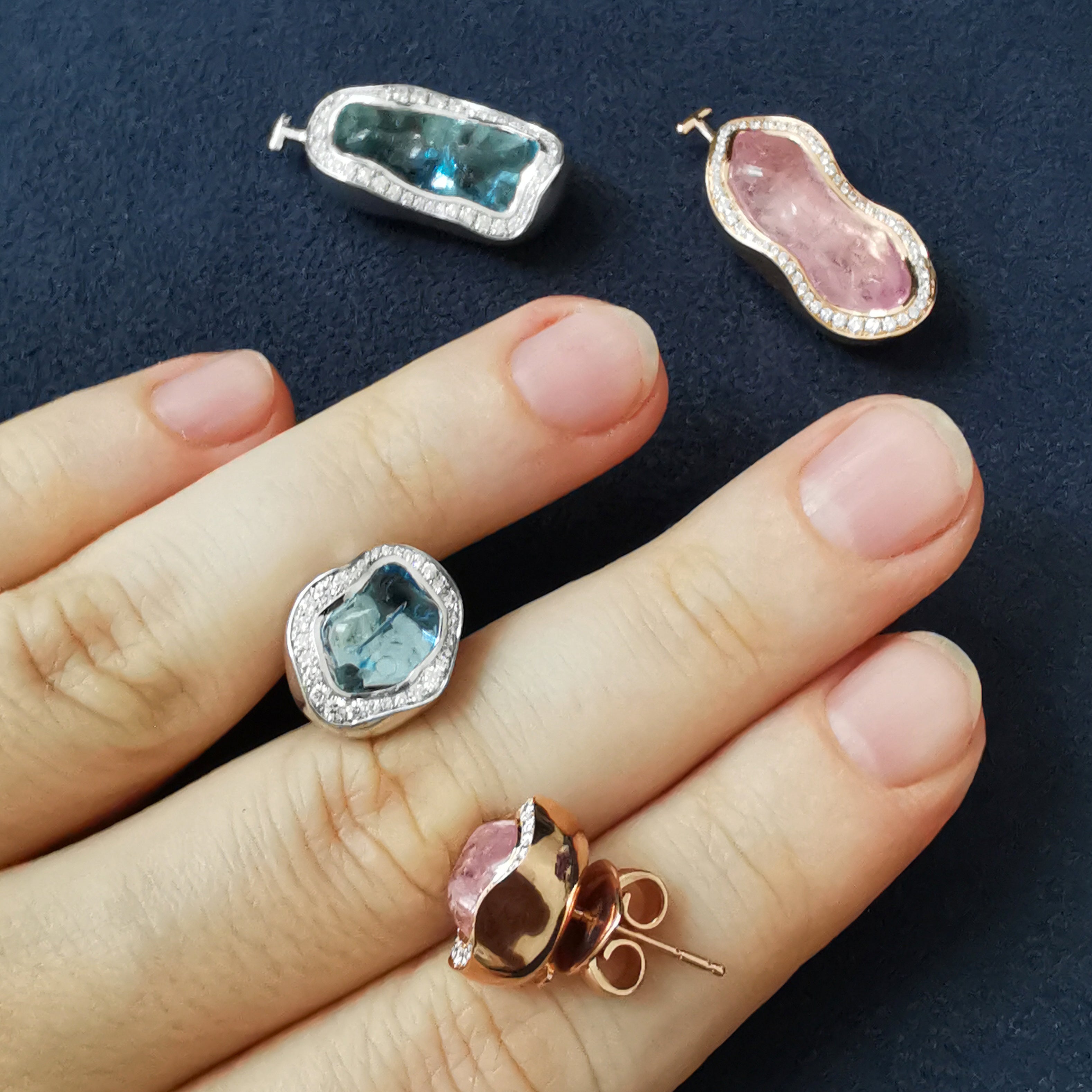 Aquamarine, Morganite, Diamonds 18K Rose and White Gold, Earrings, E 0030-48/1