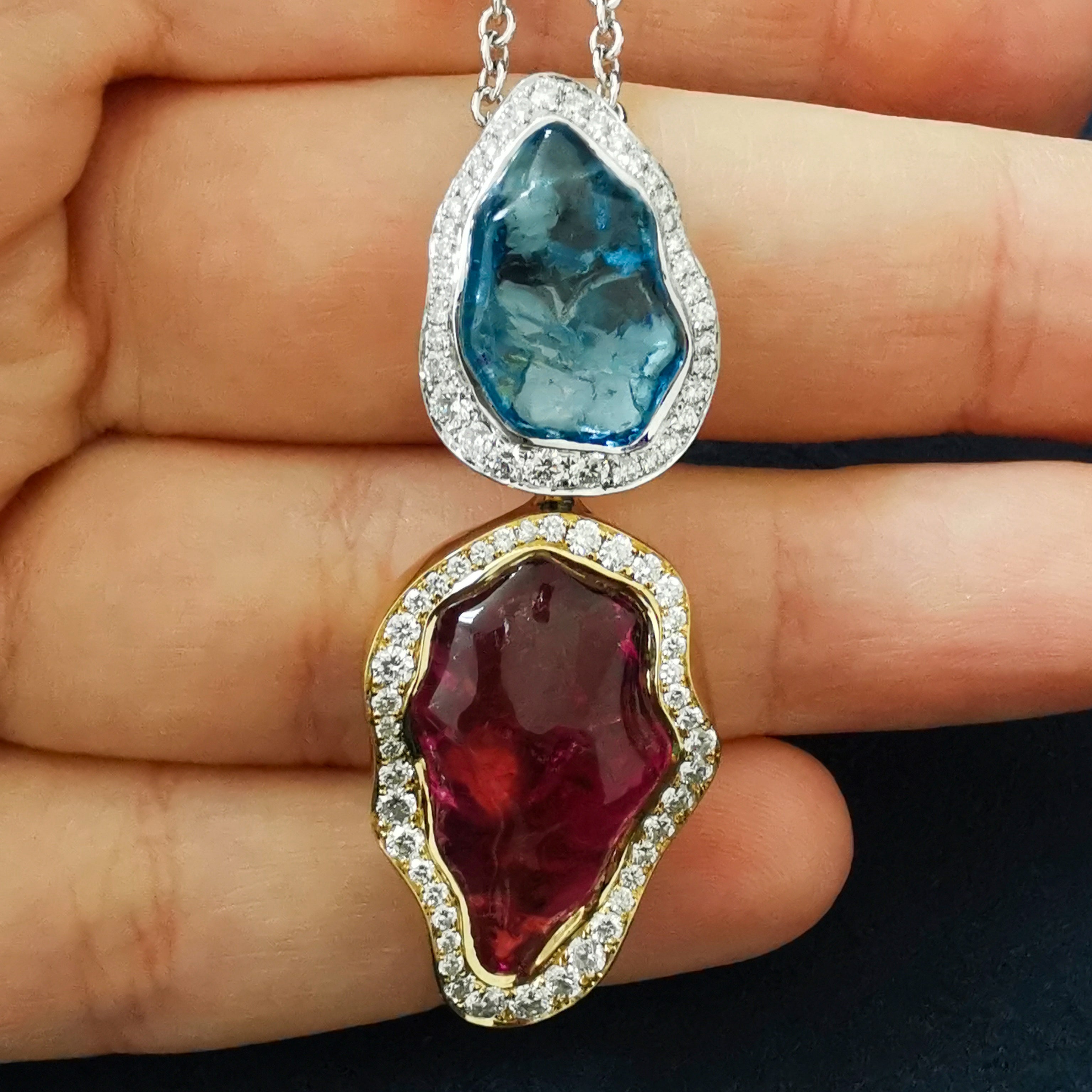 Rubellite, Aquamarine, Diamonds 18K Yellow White Gold Pendant, P 0030-81/1