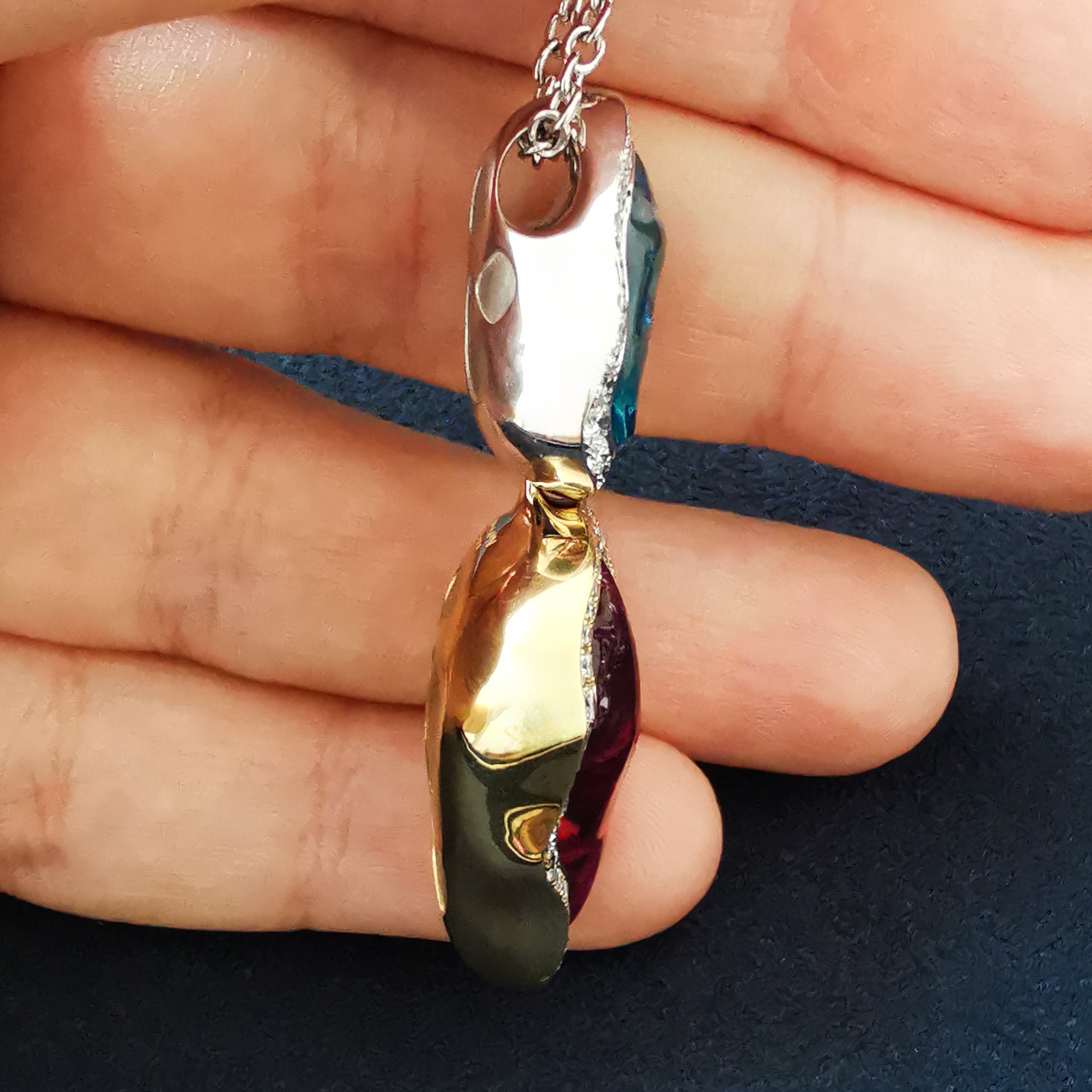 Rubellite, Aquamarine, Diamonds 18K Yellow White Gold Pendant, P 0030-81/1