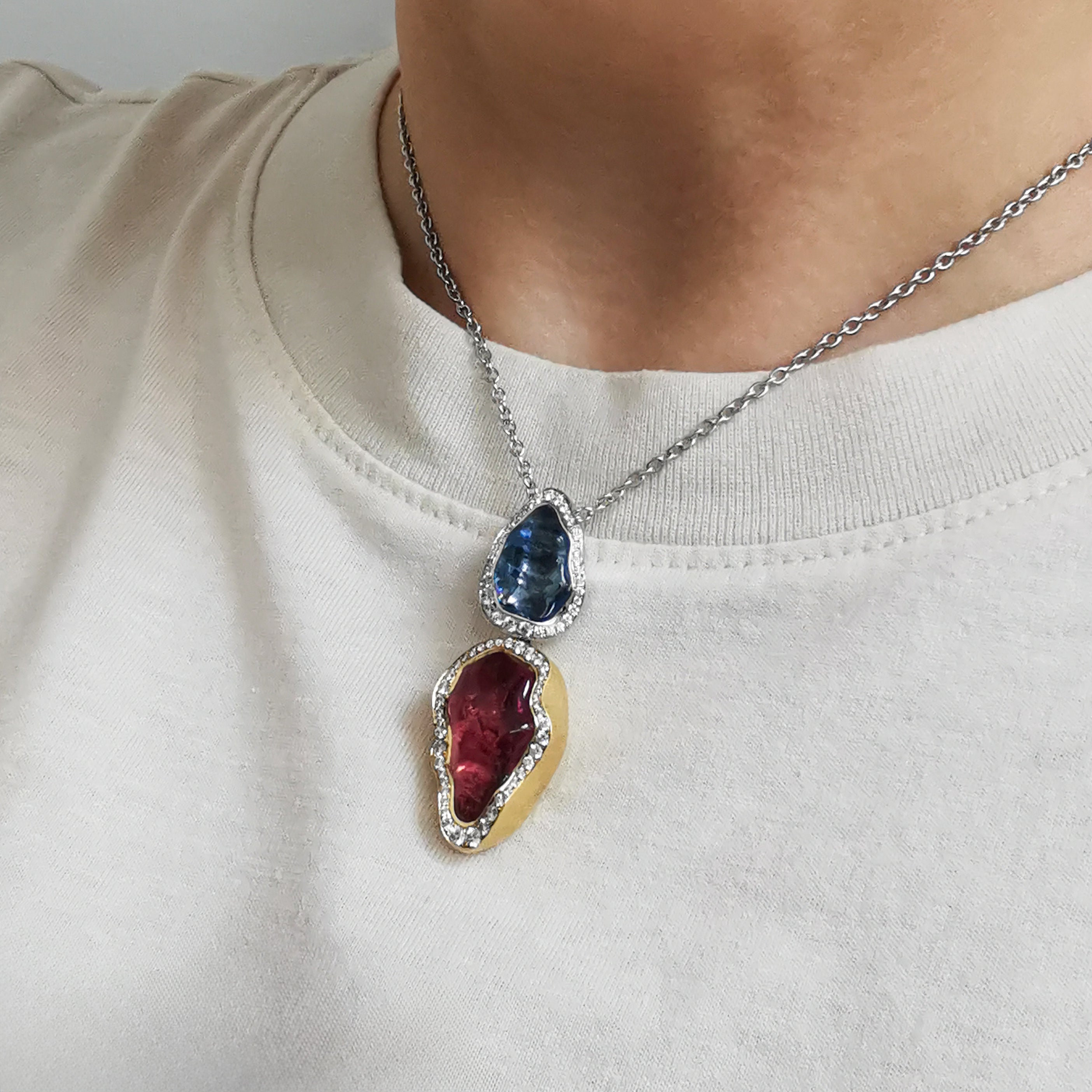Rubellite, Aquamarine, Diamonds 18K Yellow White Gold Pendant, P 0030-81/1