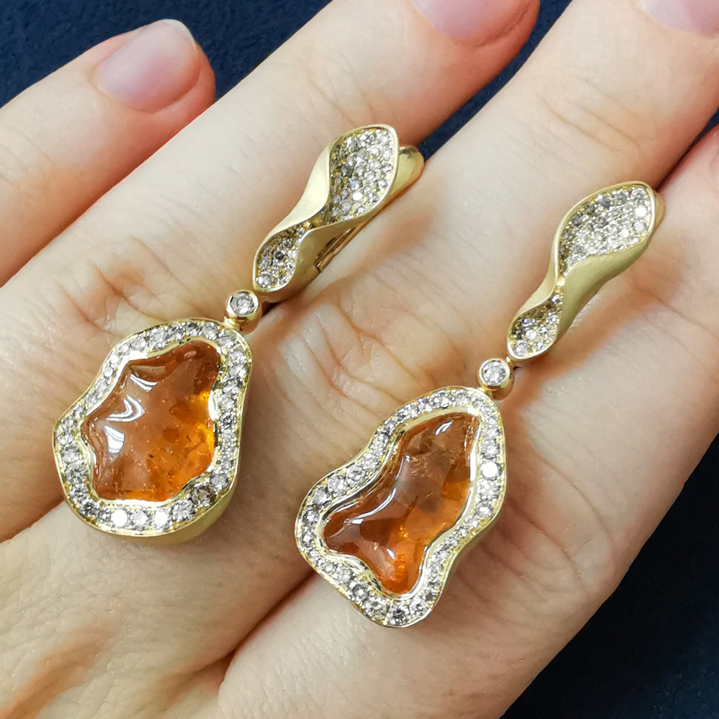 Spessartine Garnet, Champagne Diamonds 18K Yellow Gold Earrings, E 0030-83/1