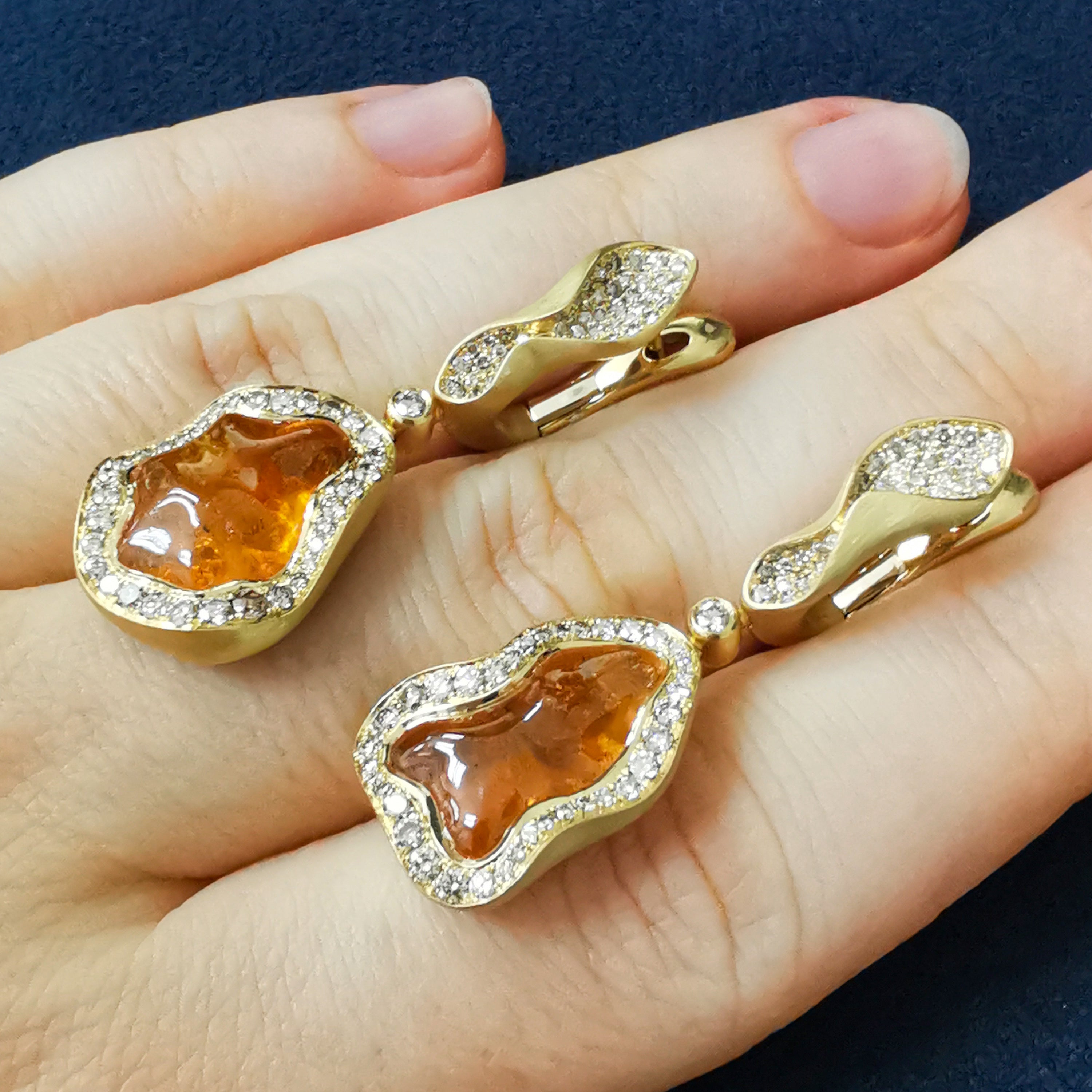 Spessartine Garnet, Champagne Diamonds 18K Yellow Gold Earrings, E 0030-83/1