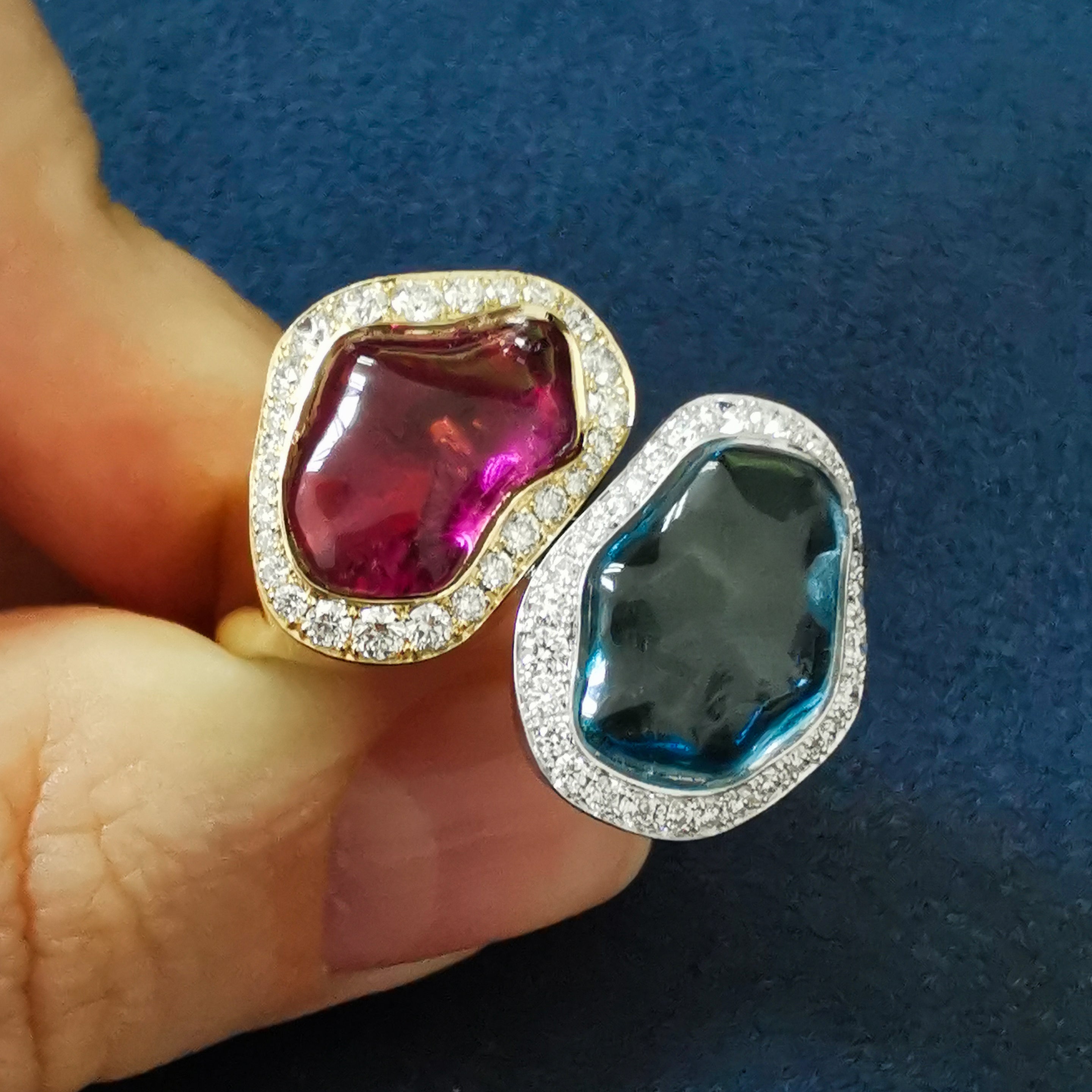 Aquamarine, Rubellite, Diamonds 18K White and Yellow Gold Ring, R 0030-81/1