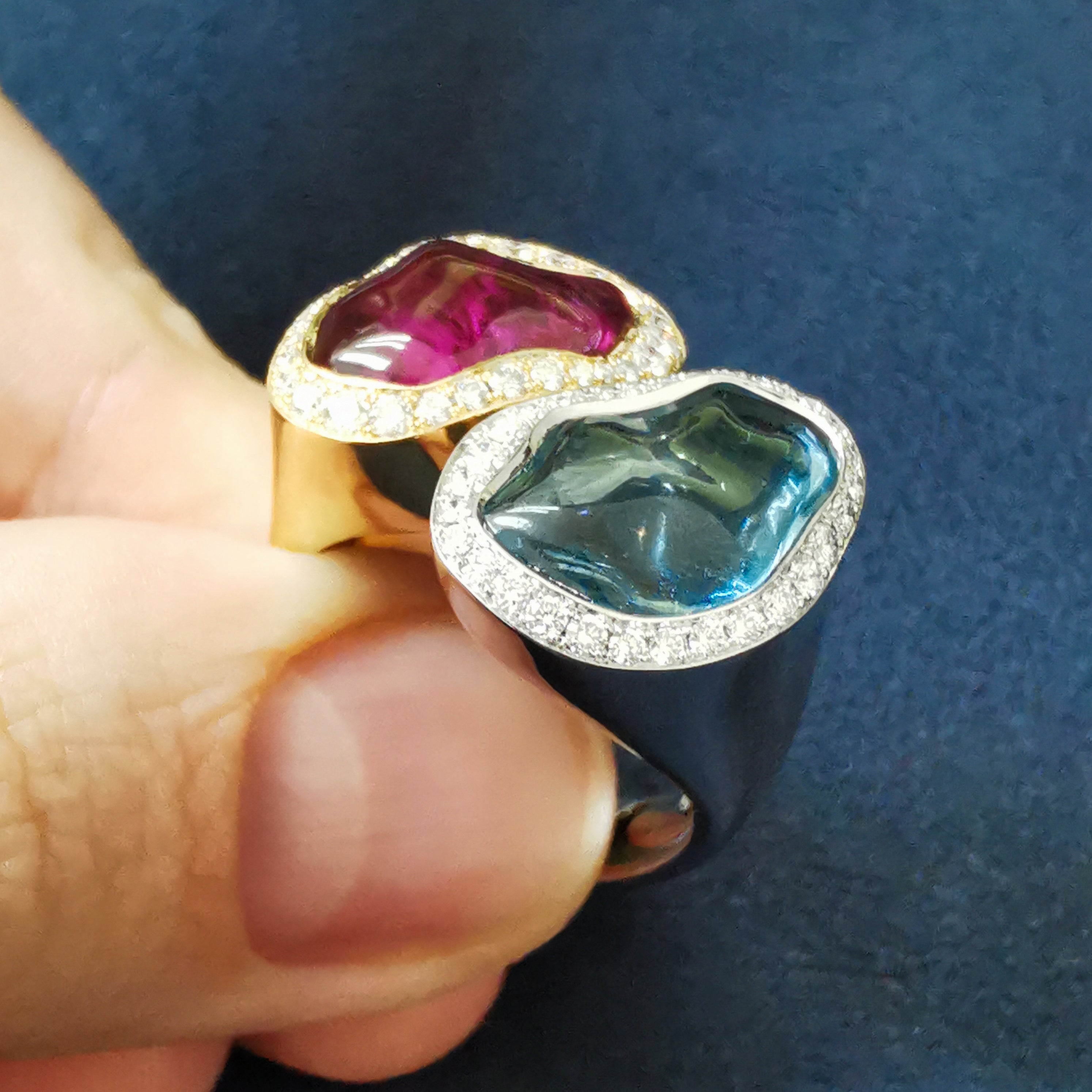 Aquamarine, Rubellite, Diamonds 18K White and Yellow Gold Ring, R 0030-81/1