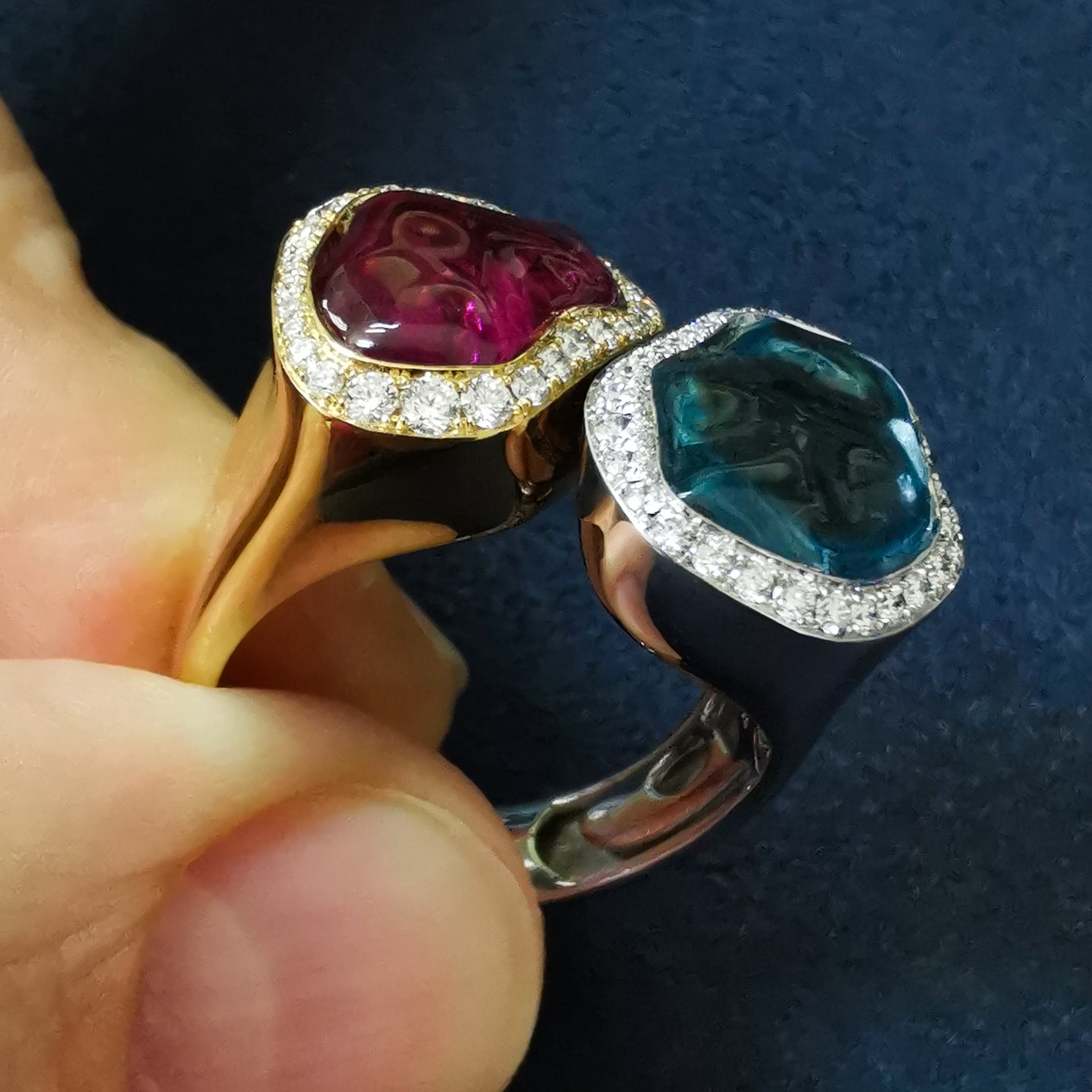 Aquamarine, Rubellite, Diamonds 18K White and Yellow Gold Ring, R 0030-81/1