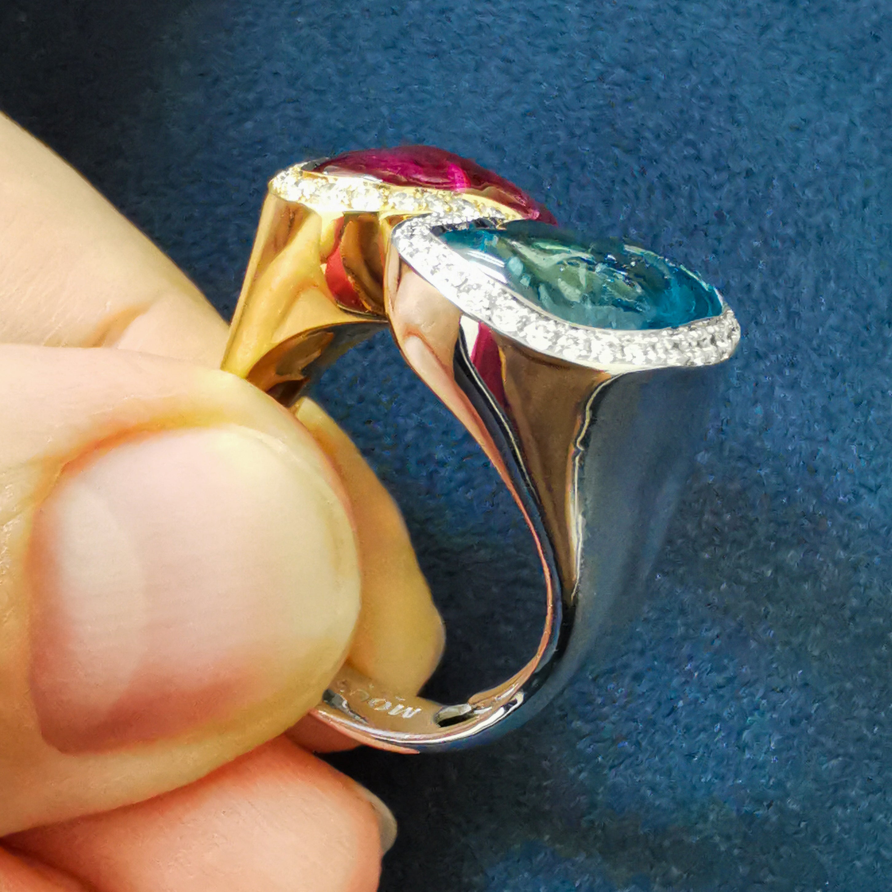 Aquamarine, Rubellite, Diamonds 18K White and Yellow Gold Ring, R 0030-81/1