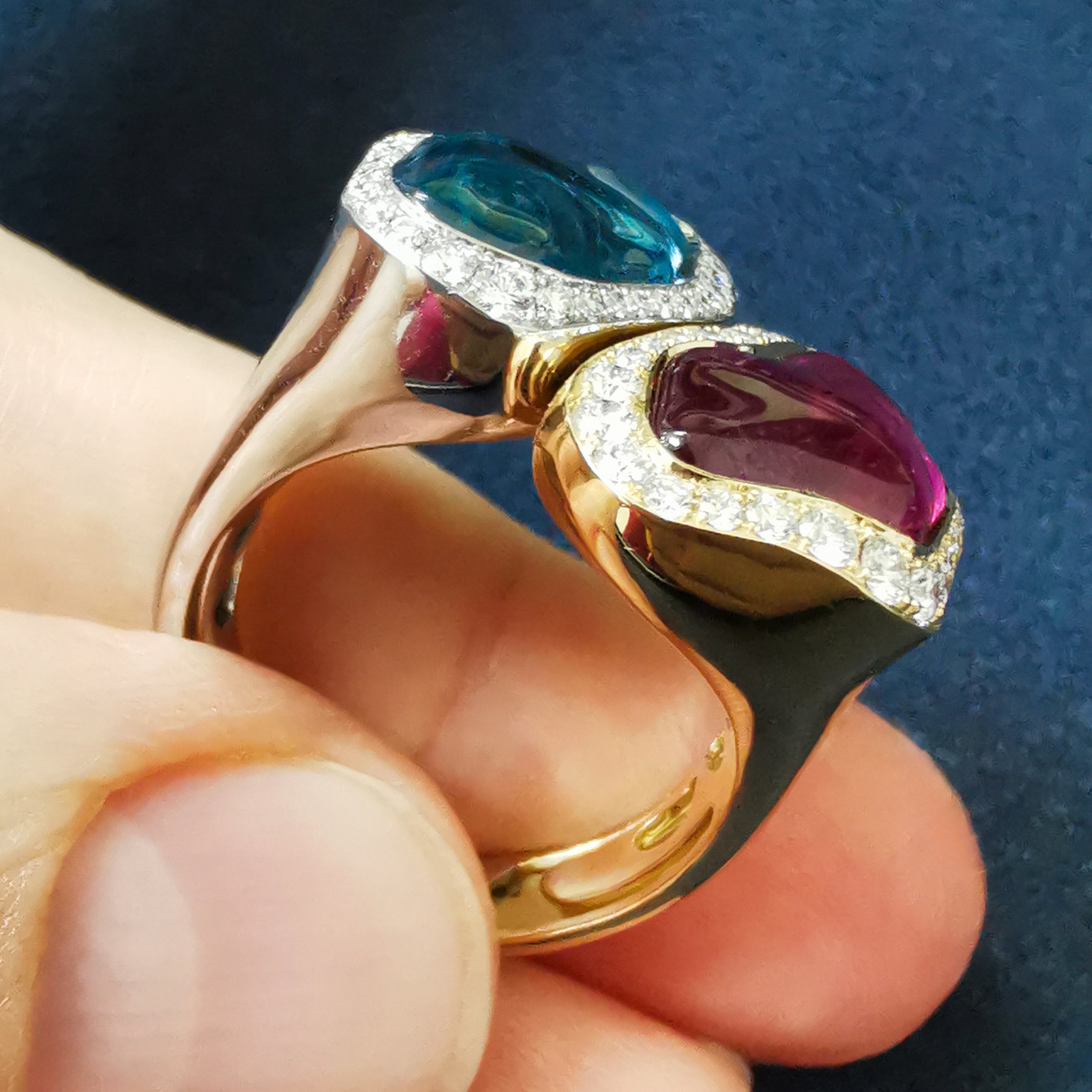 Aquamarine, Rubellite, Diamonds 18K White and Yellow Gold Ring, R 0030-81/1