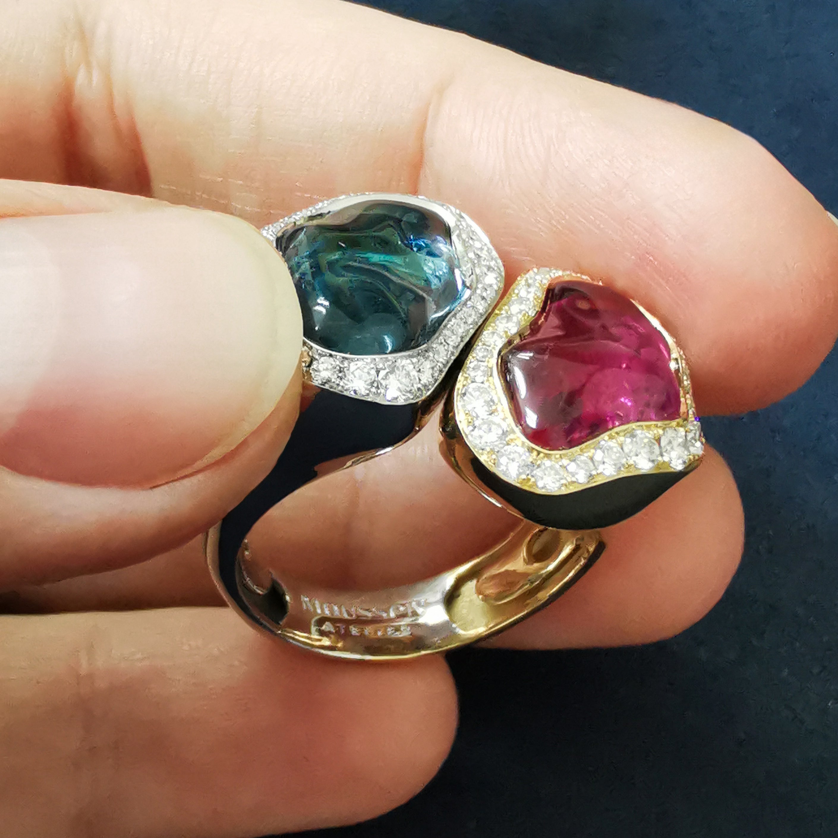 Aquamarine, Rubellite, Diamonds 18K White and Yellow Gold Ring, R 0030-81/1
