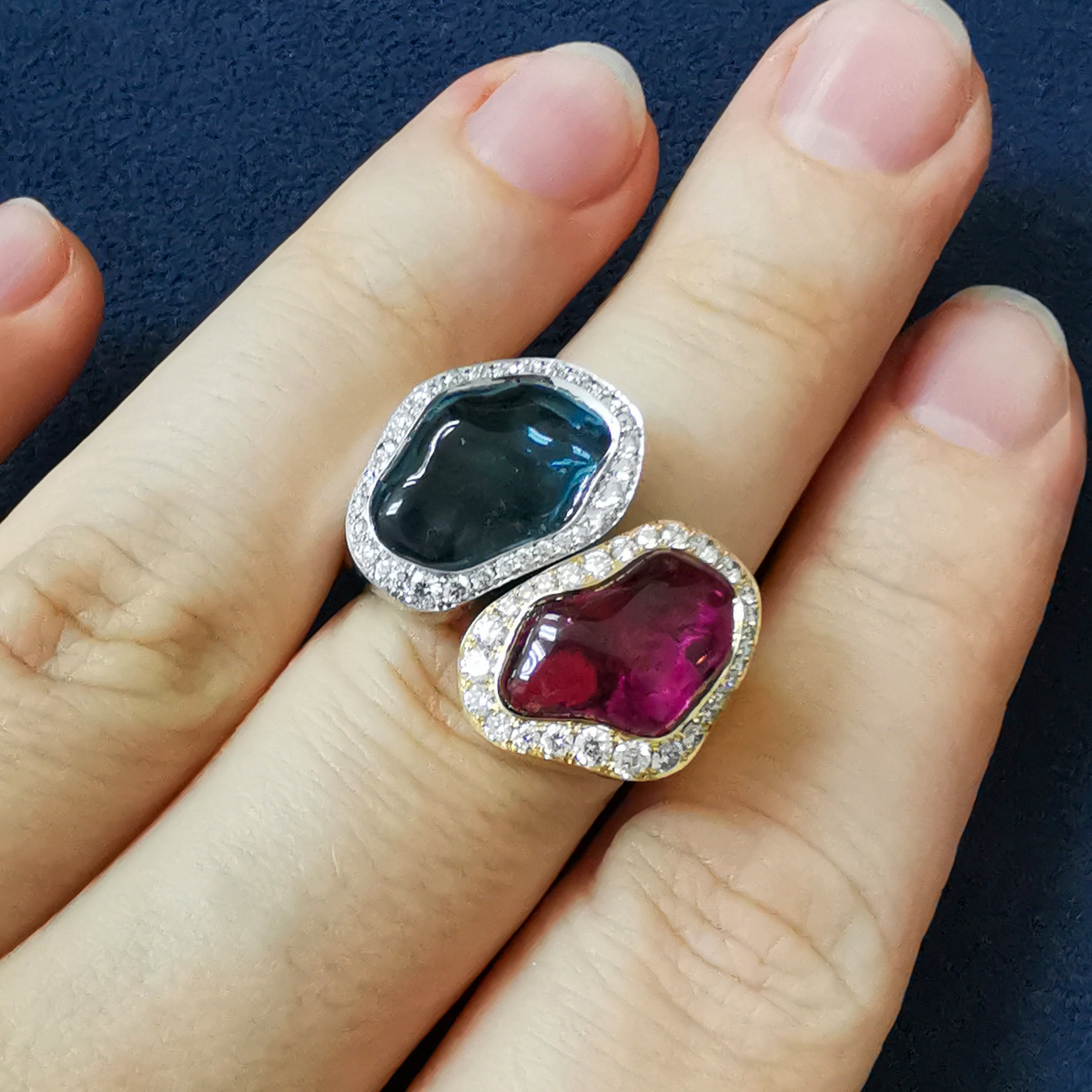 Aquamarine, Rubellite, Diamonds 18K White and Yellow Gold Ring, R 0030-81/1