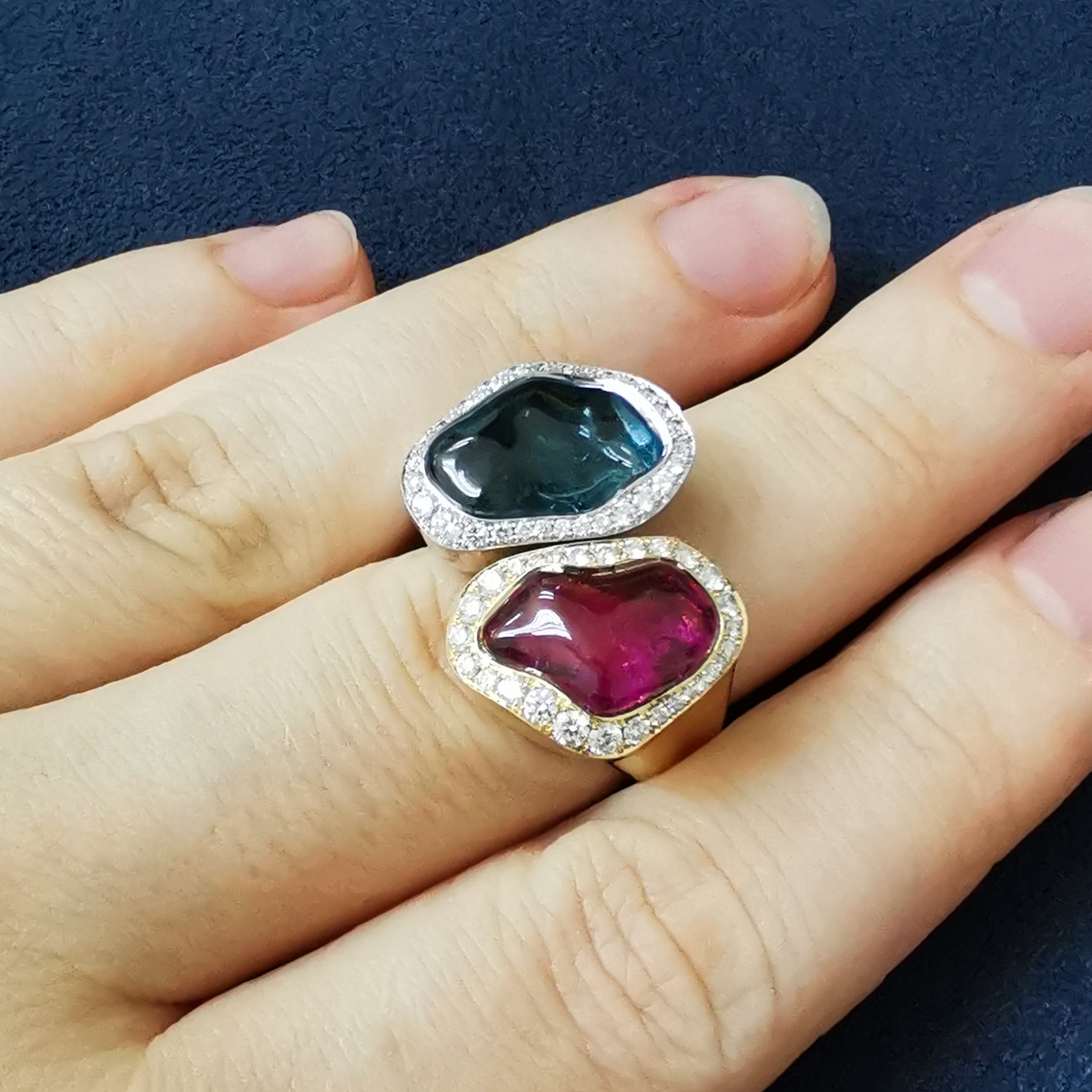 Aquamarine, Rubellite, Diamonds 18K White and Yellow Gold Ring, R 0030-81/1