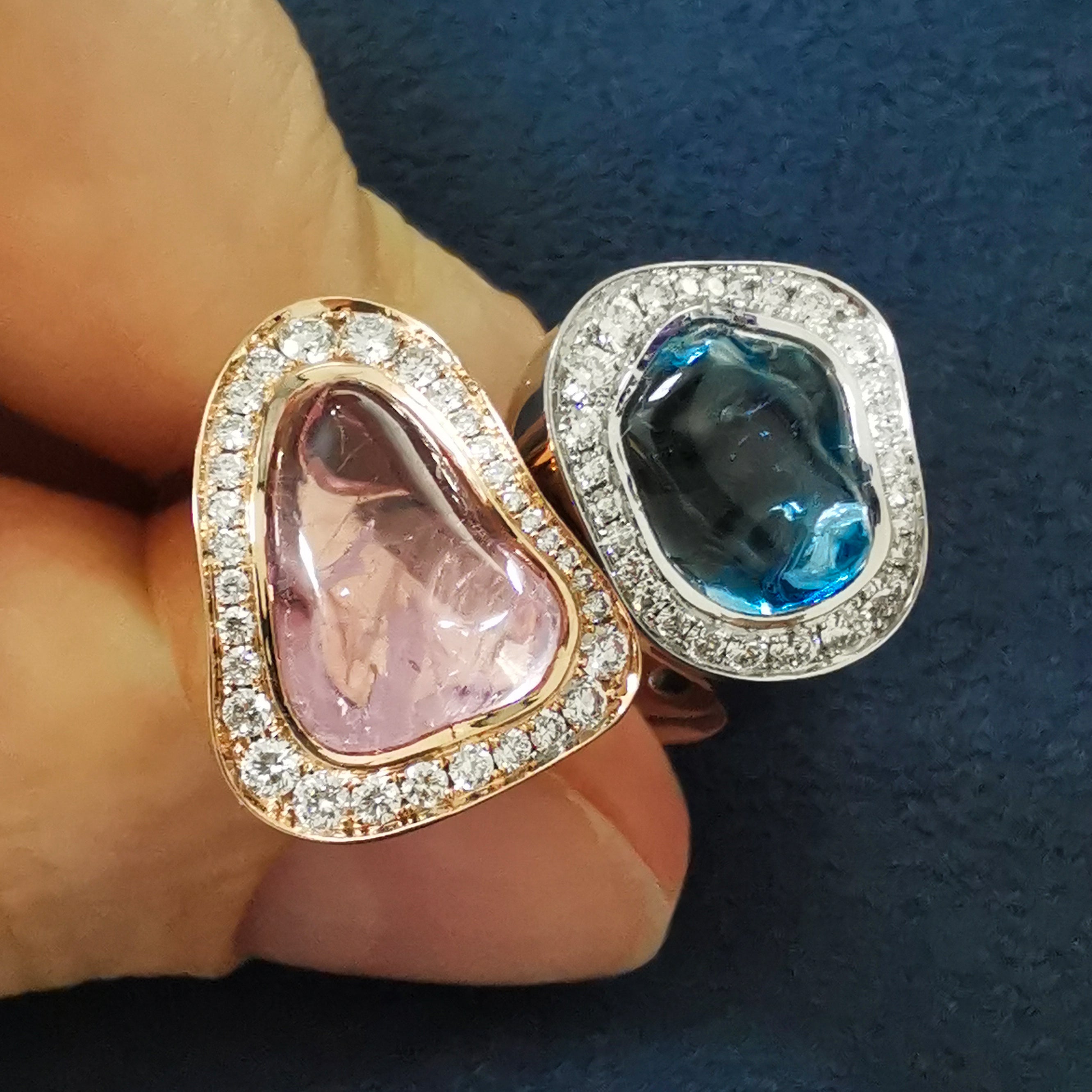 Aquamarine, Morganite Diamonds 18K White and Rose Gold Ring, R 0030-48/1