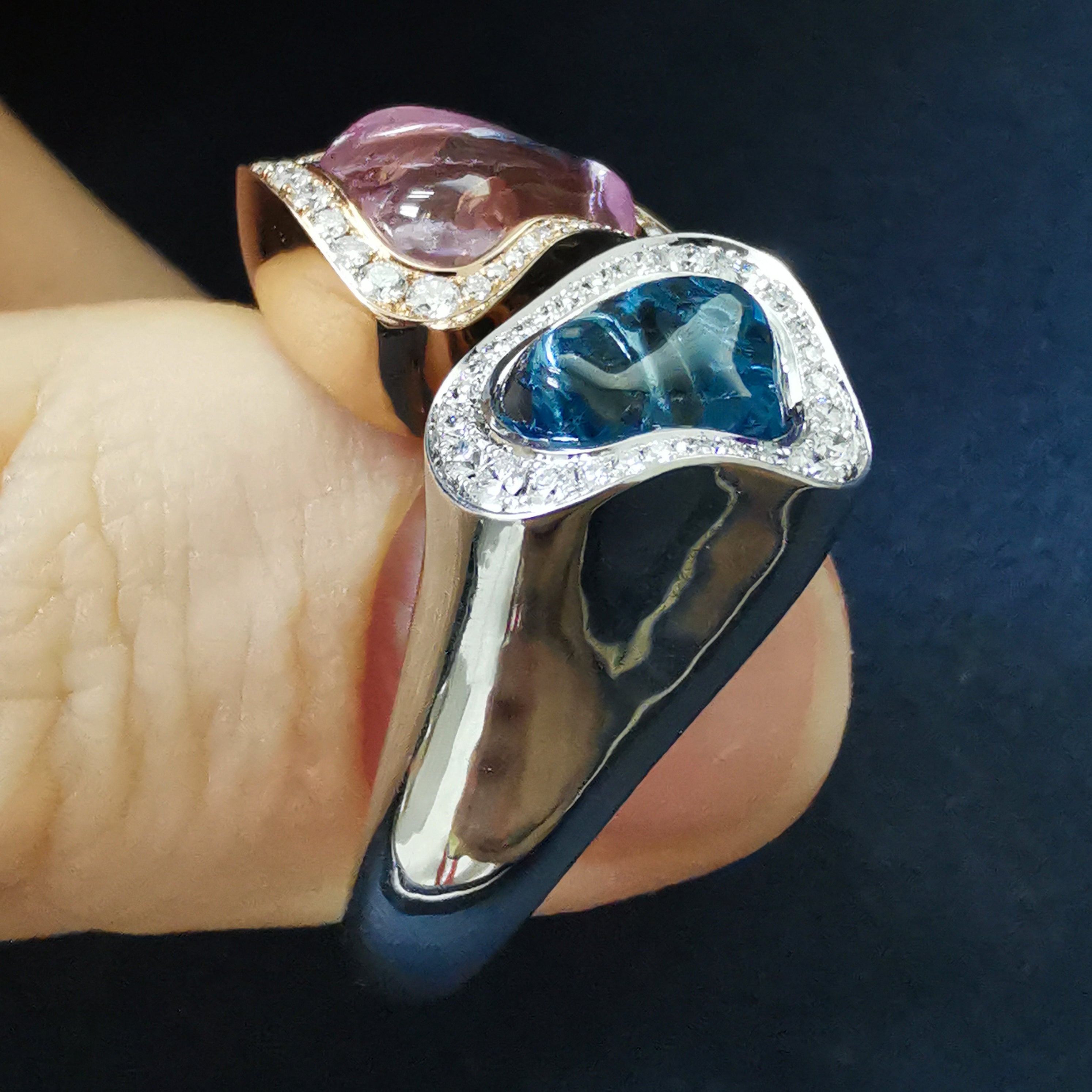 Aquamarine, Morganite Diamonds 18K White and Rose Gold Ring, R 0030-48/1