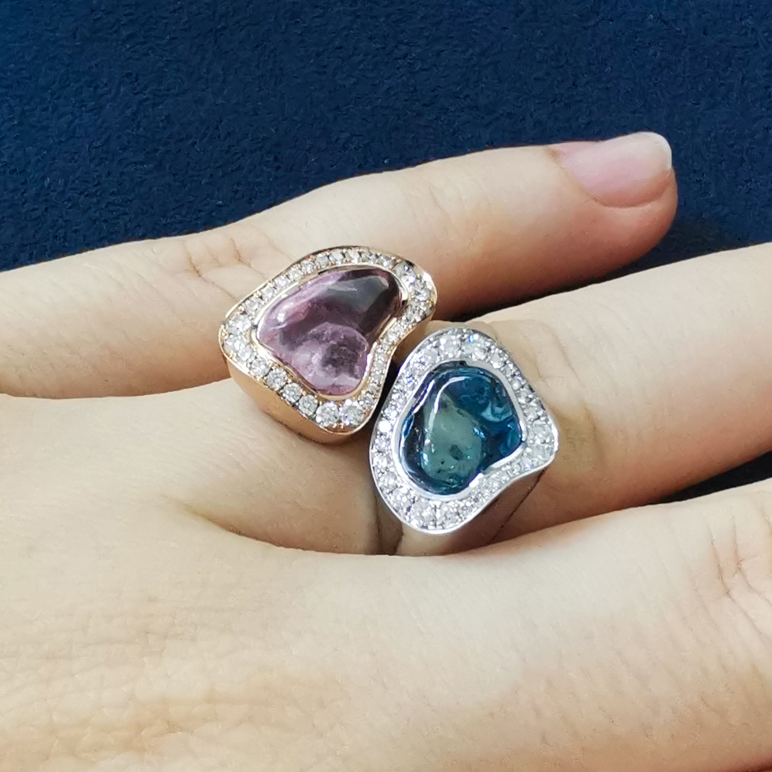 Aquamarine, Morganite Diamonds 18K White and Rose Gold Ring, R 0030-48/1