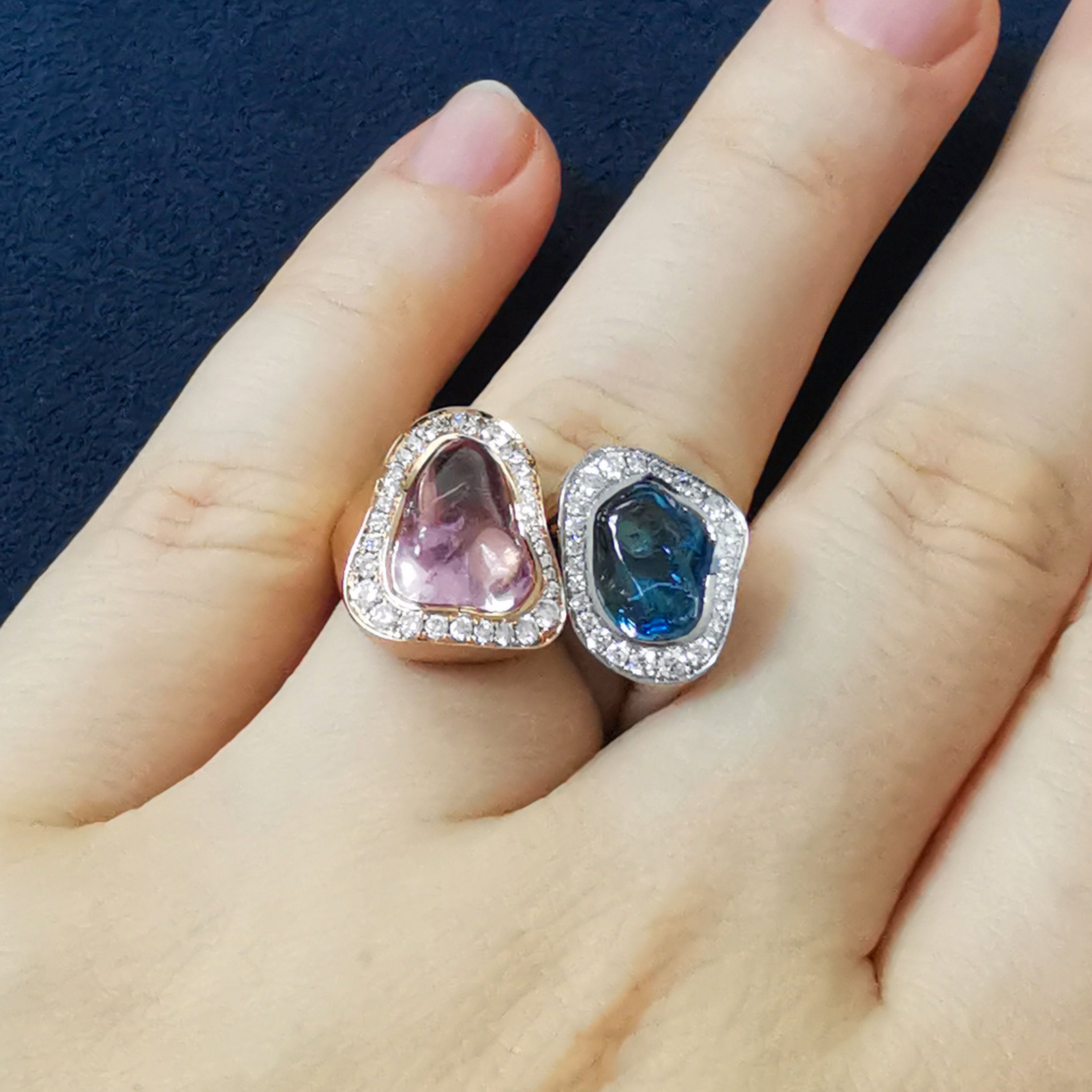 Aquamarine, Morganite Diamonds 18K White and Rose Gold Ring, R 0030-48/1