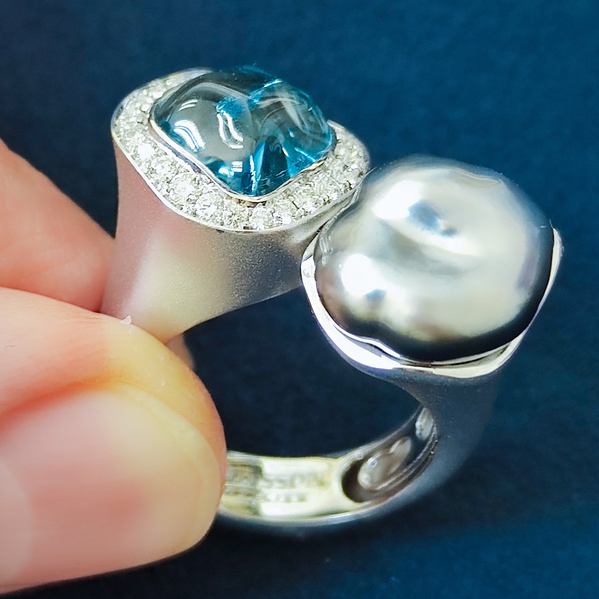 Aquamarine, Keshi Pearl, Diamonds Ring 18K White Gold, R 0030-4/1