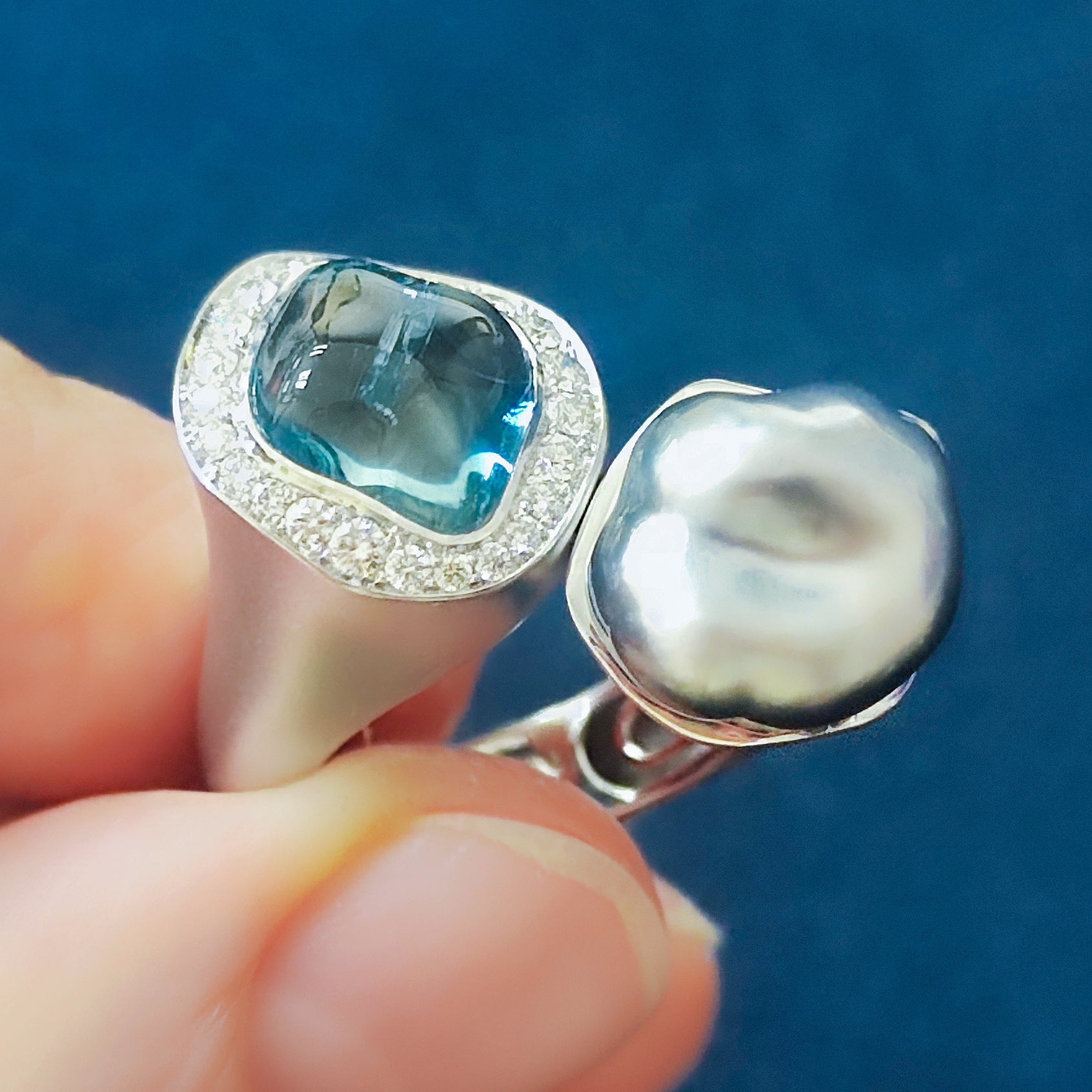 Aquamarine, Keshi Pearl, Diamonds Ring 18K White Gold, R 0030-4/1