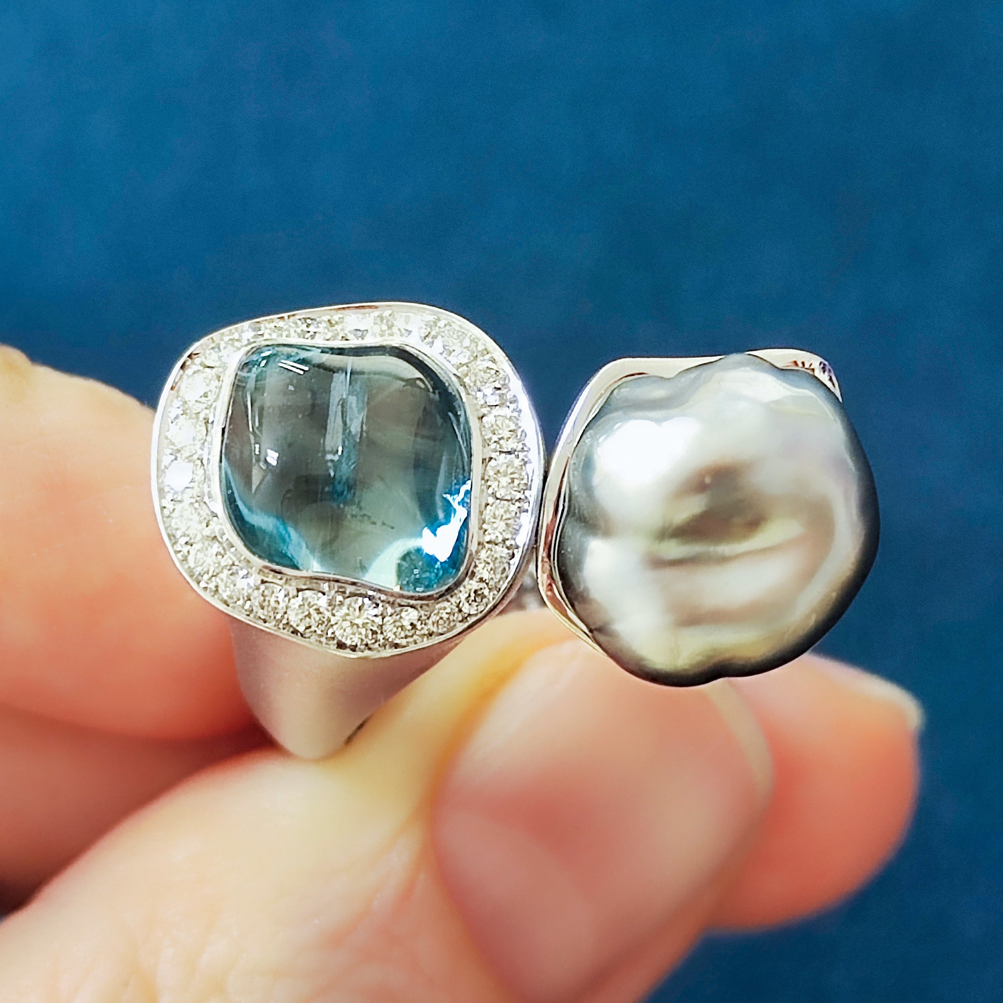 Aquamarine, Keshi Pearl, Diamonds Ring 18K White Gold, R 0030-4/1