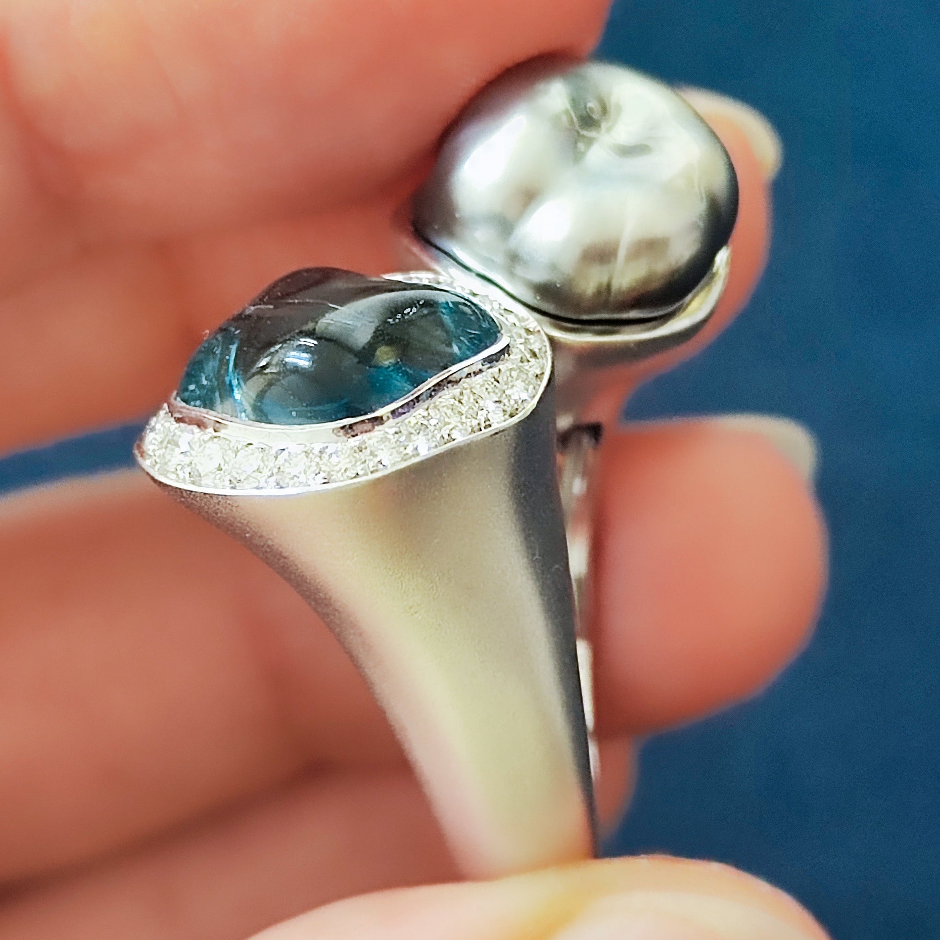 Aquamarine, Keshi Pearl, Diamonds Ring 18K White Gold, R 0030-4/1