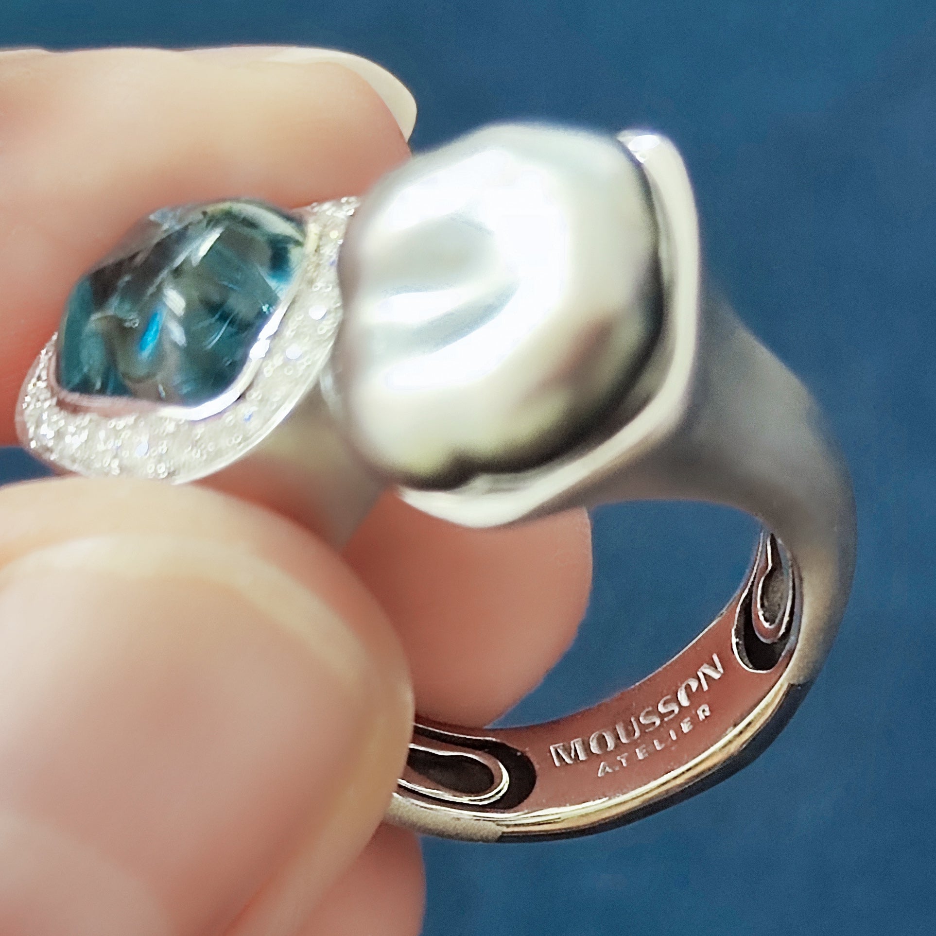 Aquamarine, Keshi Pearl, Diamonds Ring 18K White Gold, R 0030-4/1