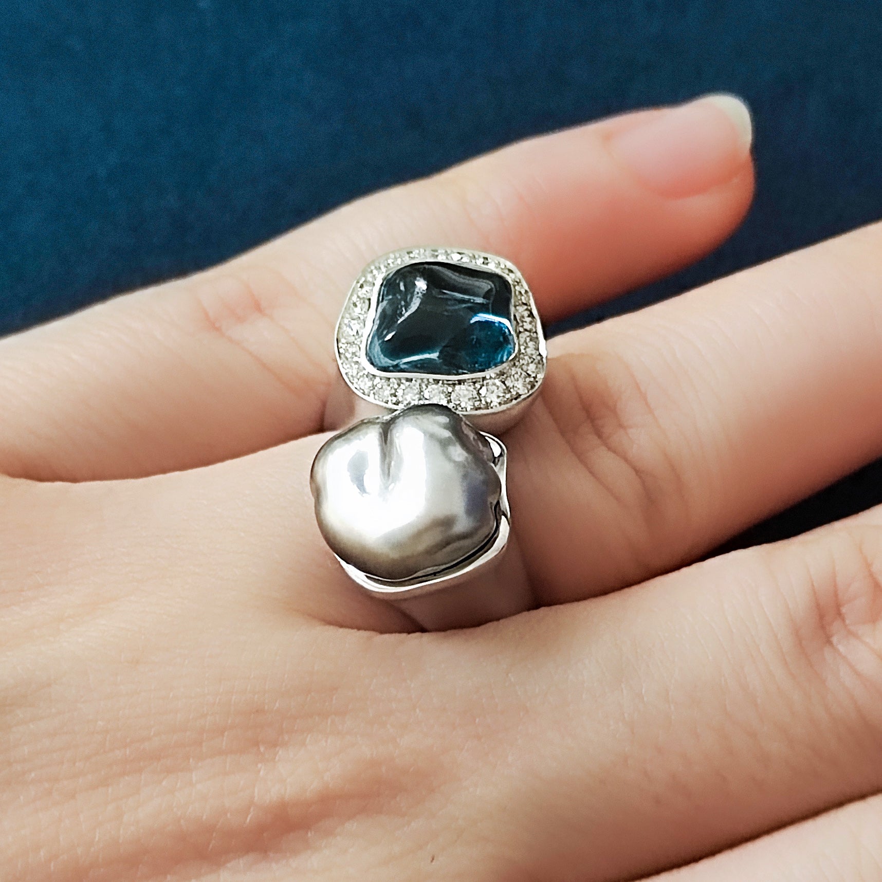 Aquamarine, Keshi Pearl, Diamonds Ring 18K White Gold, R 0030-4/1