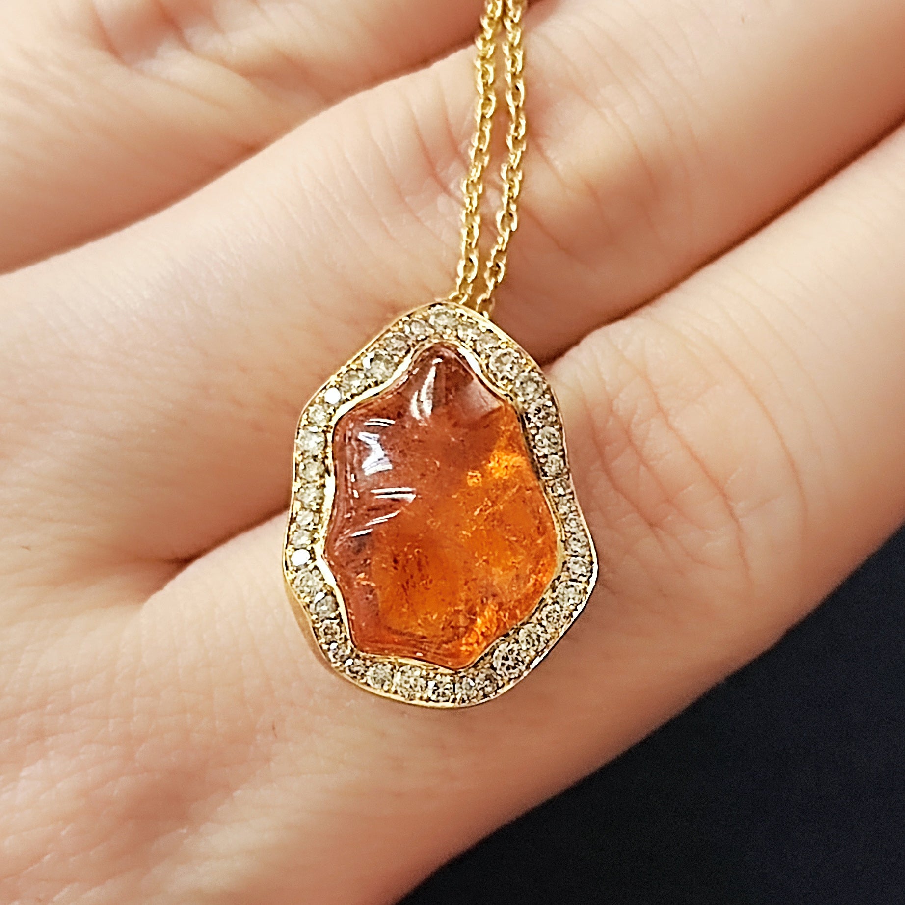 Spessartine Garnet, Champagne Diamonds 18K Yellow Gold Pendant, P 0030-83/1