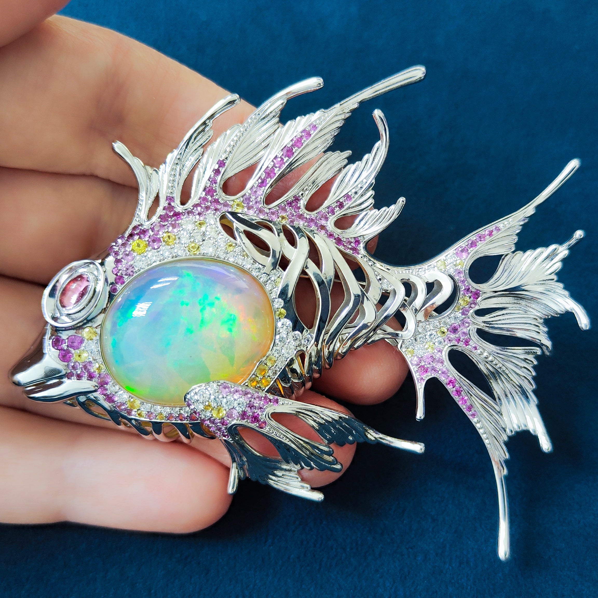 Opal, Diamonds, Sapphires 18K White Gold Lion-Fish Brooch, Brs 0251-3