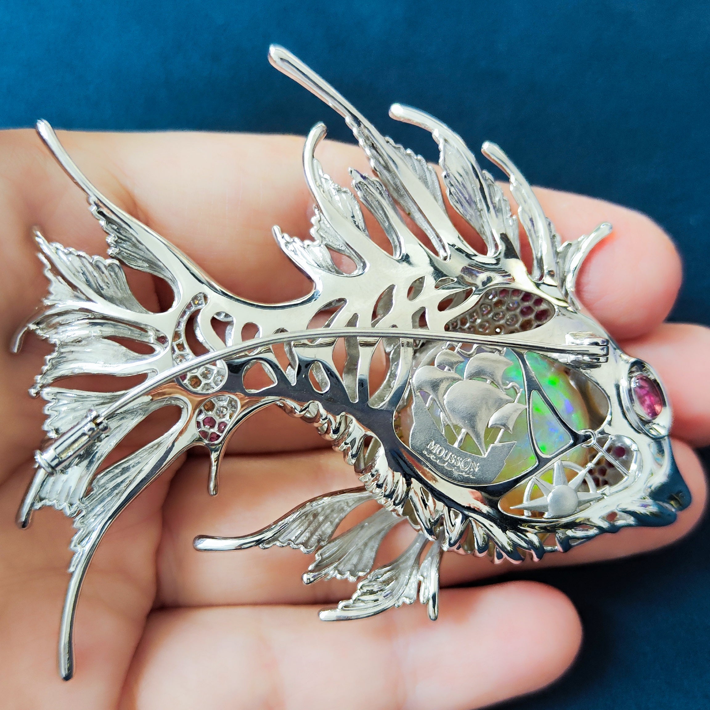 Opal, Diamonds, Sapphires 18K White Gold Lion-Fish Brooch, Brs 0251-3