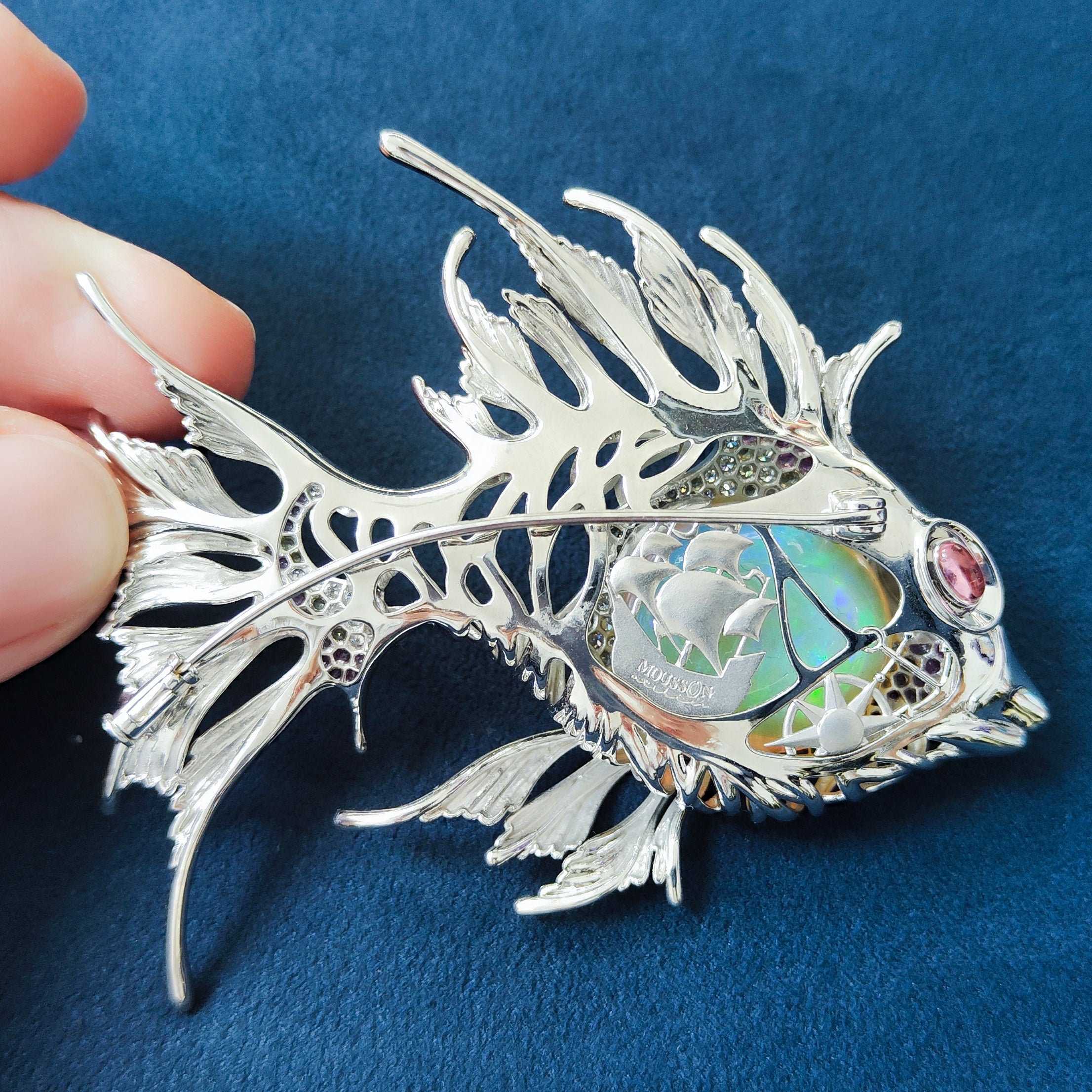 Opal, Diamonds, Sapphires 18K White Gold Lion-Fish Brooch, Brs 0251-3