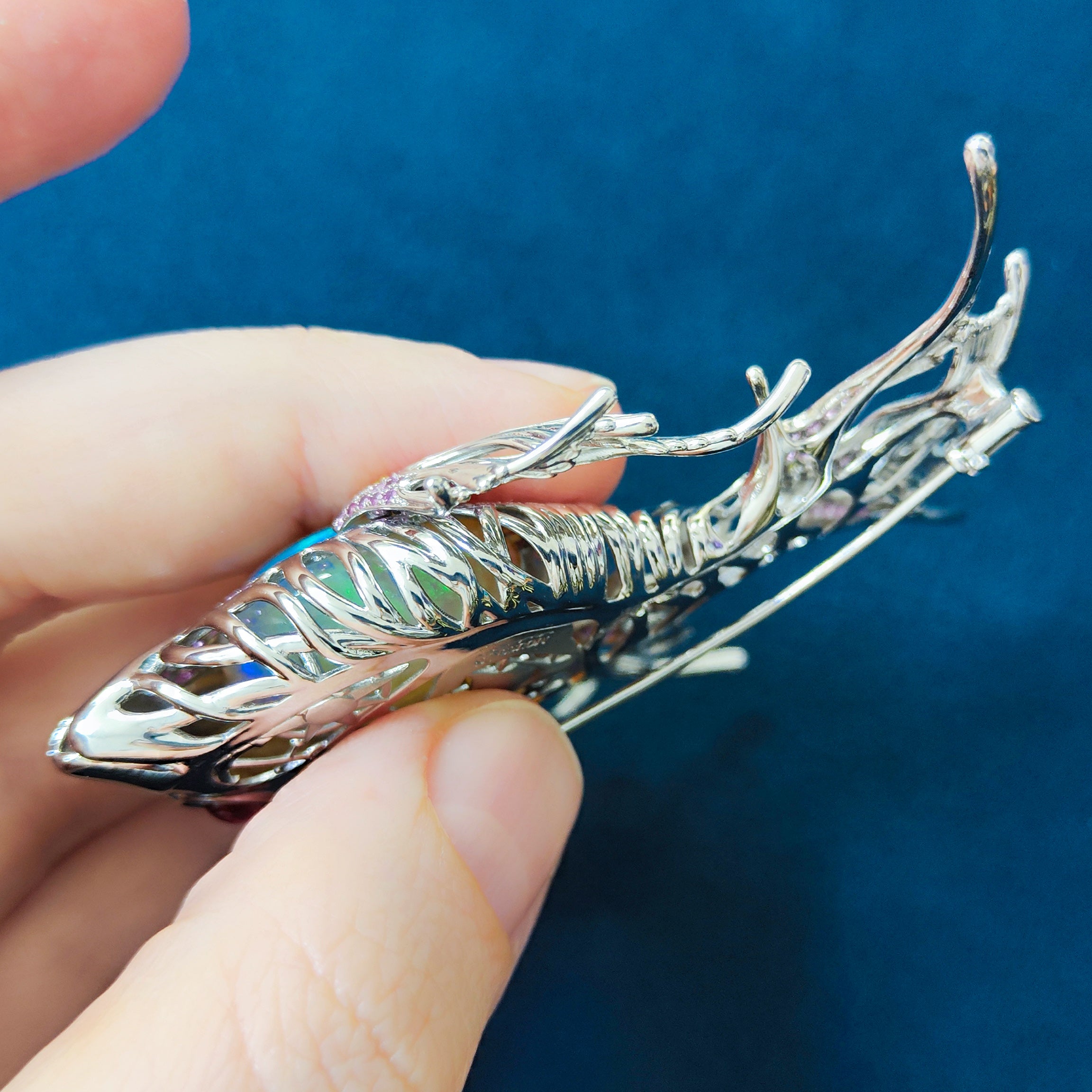 Opal, Diamonds, Sapphires 18K White Gold Lion-Fish Brooch, Brs 0251-3