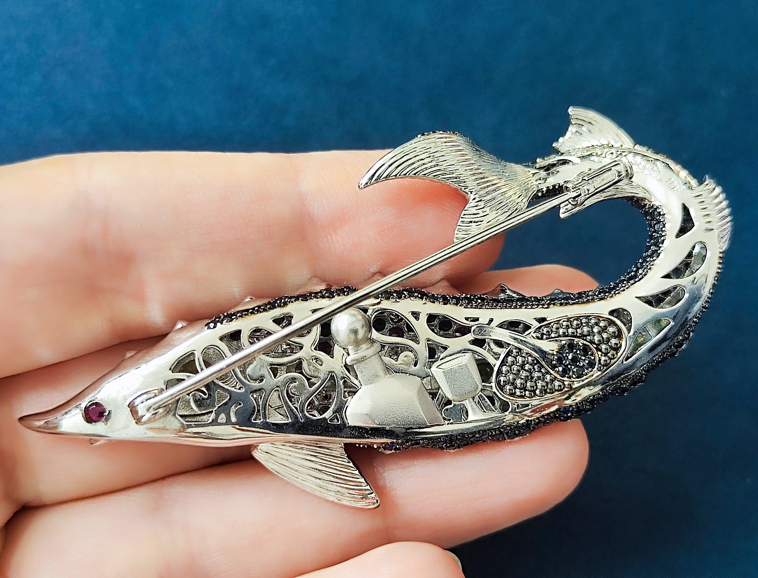 Diamonds, Sapphires, Tsavorites 18K White Gold Sturgeon Brooch, Brs 0277-0