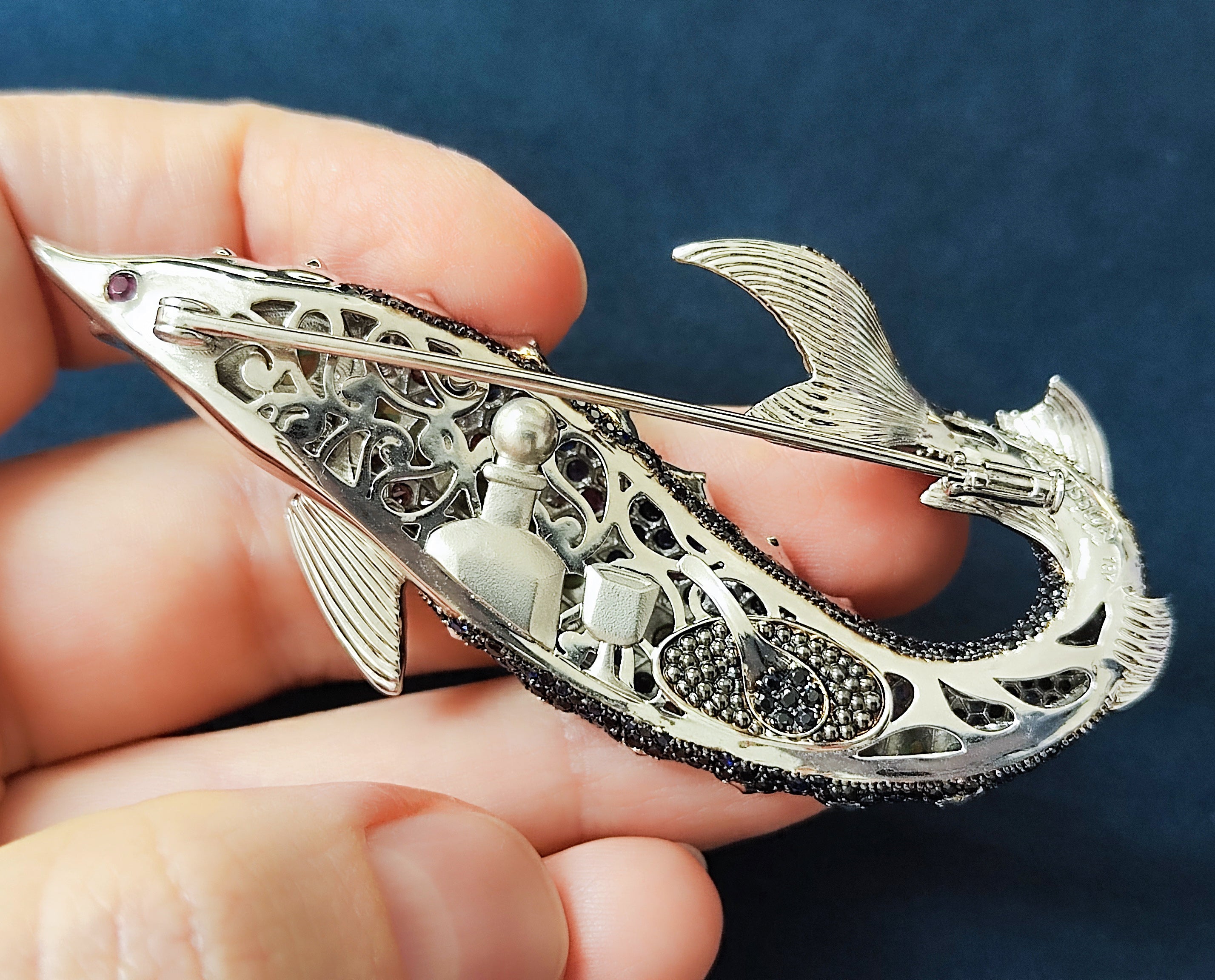 Diamonds, Sapphires, Tsavorites 18K White Gold Sturgeon Brooch, Brs 0277-0