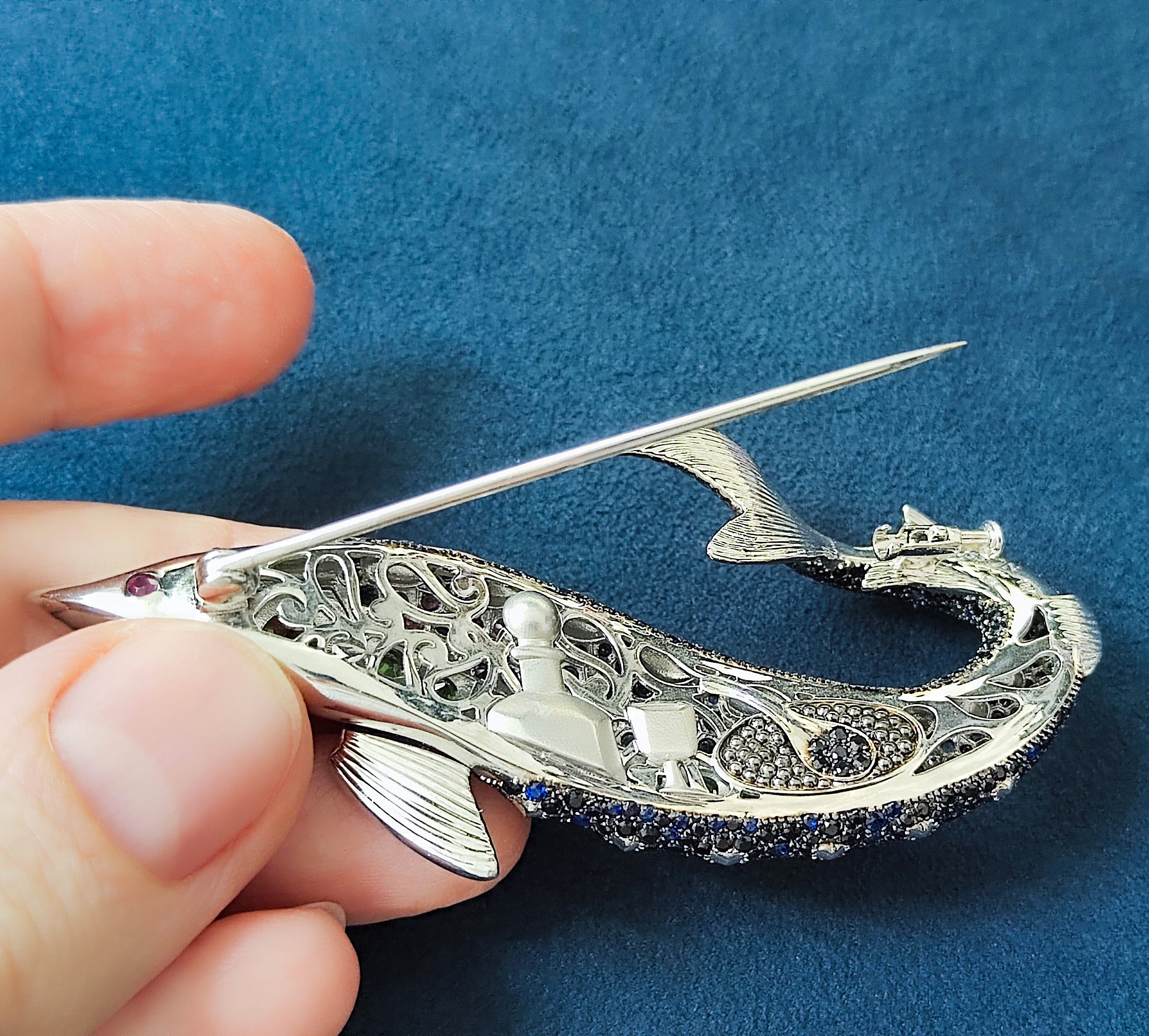 Diamonds, Sapphires, Tsavorites 18K White Gold Sturgeon Brooch, Brs 0277-0