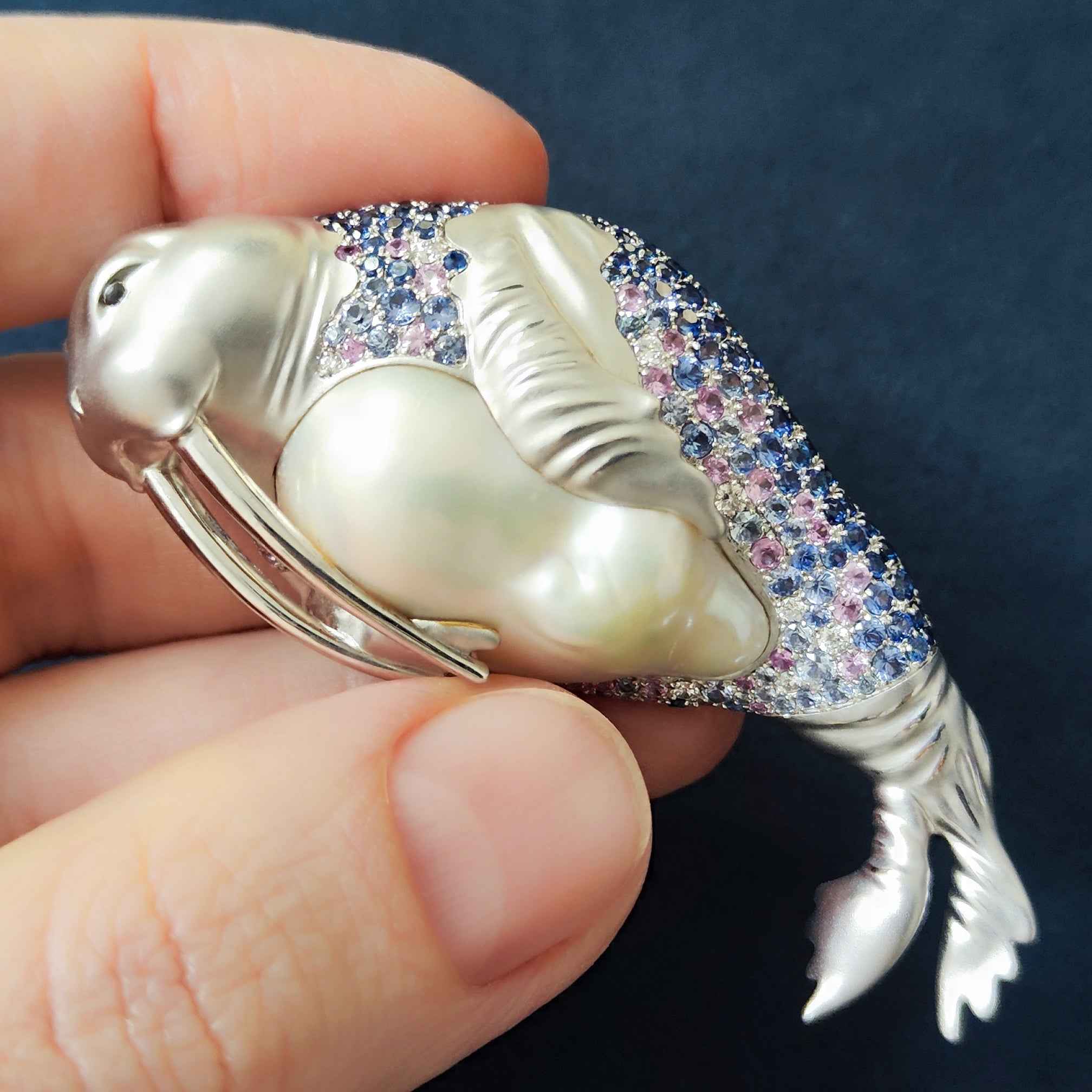 Pearl, Diamonds, Sapphires 18K White Gold Walrus Brooch, Brs 0287-0