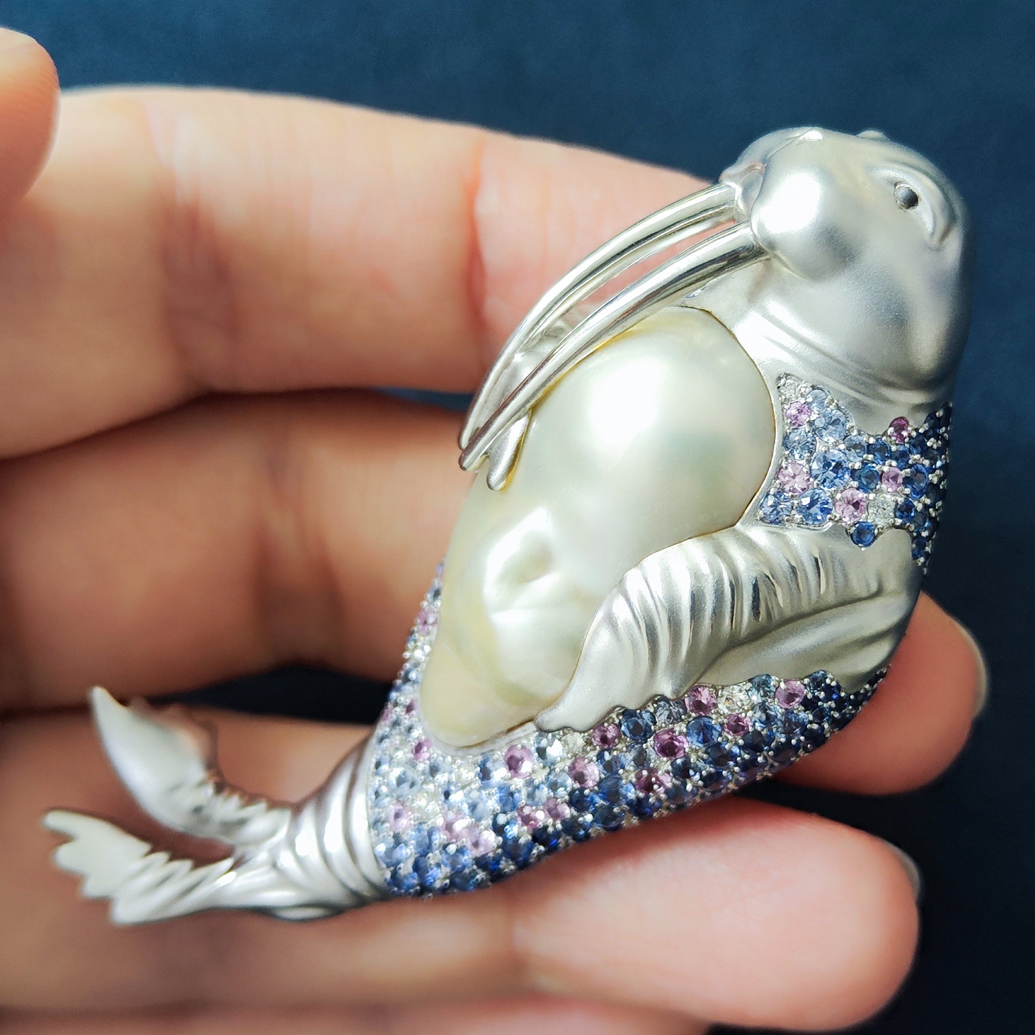 Pearl, Diamonds, Sapphires 18K White Gold Walrus Brooch, Brs 0287-0