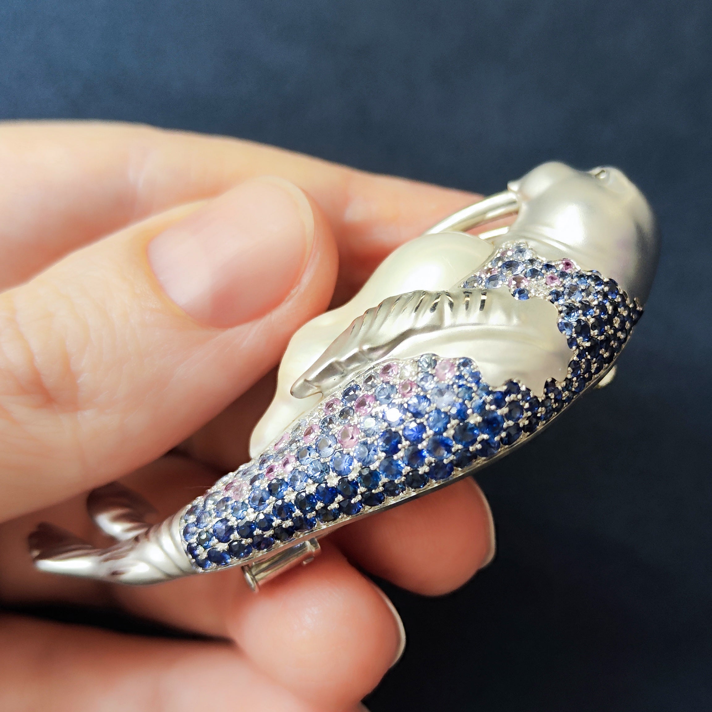 Pearl, Diamonds, Sapphires 18K White Gold Walrus Brooch, Brs 0287-0