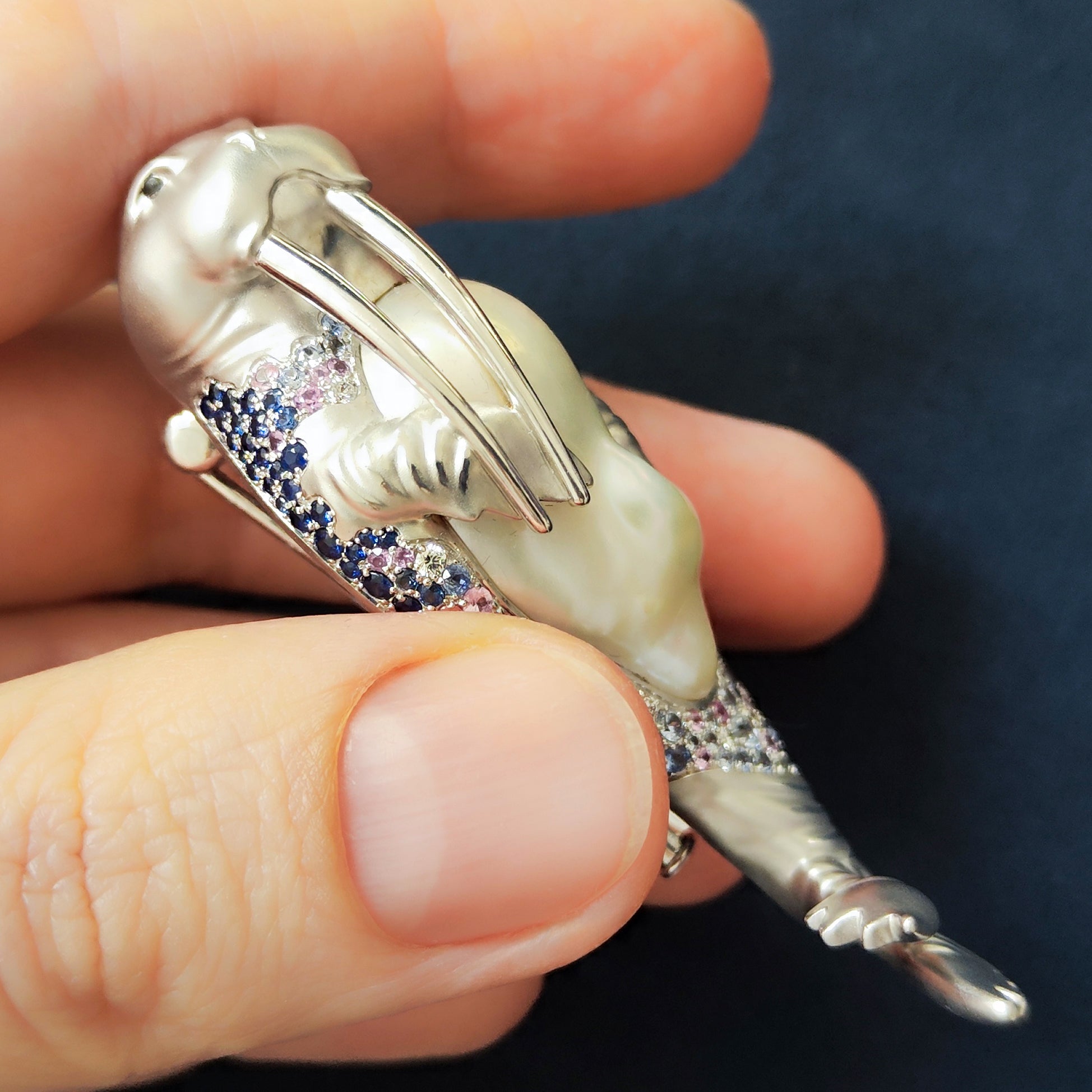 Pearl, Diamonds, Sapphires 18K White Gold Walrus Brooch, Brs 0287-0