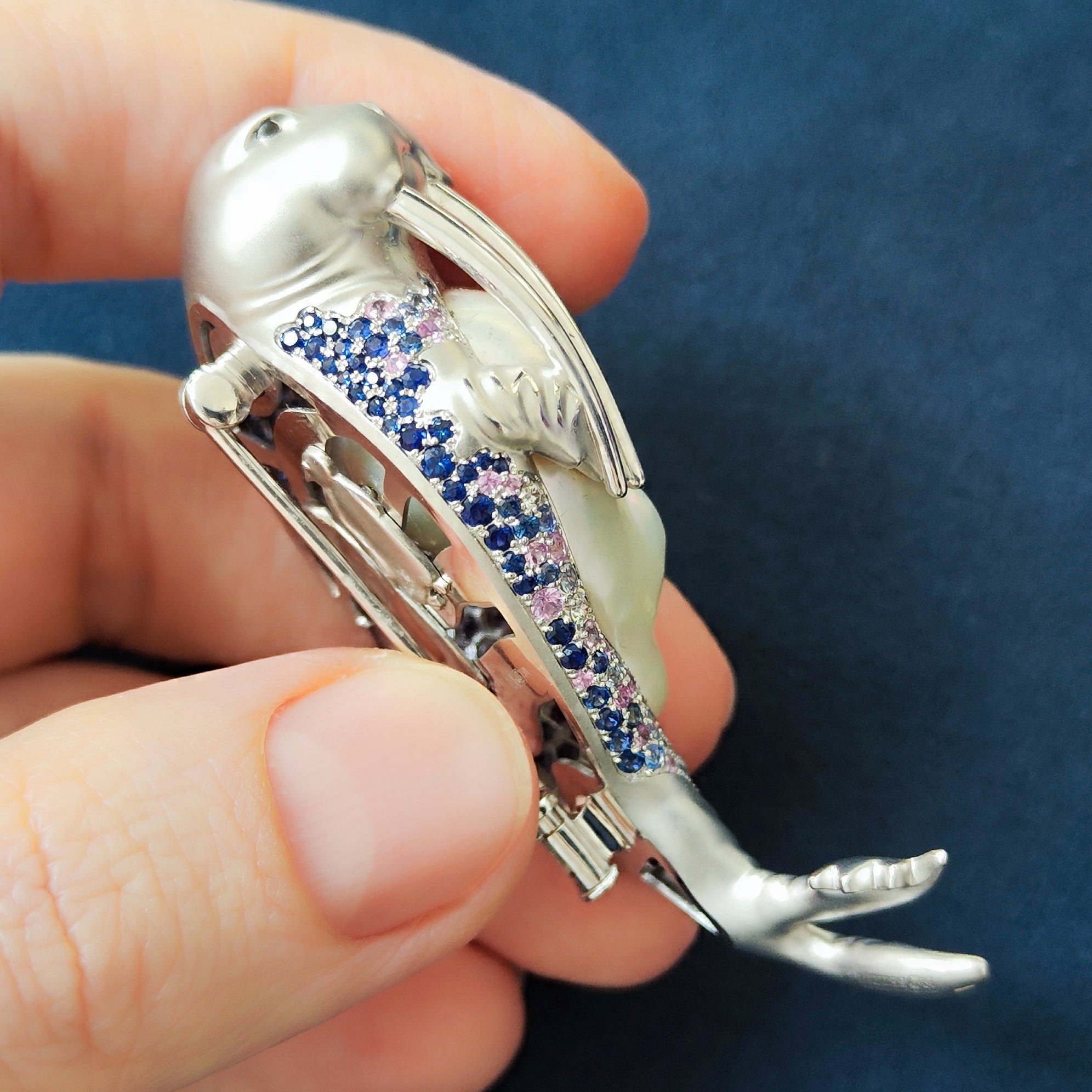 Pearl, Diamonds, Sapphires 18K White Gold Walrus Brooch, Brs 0287-0