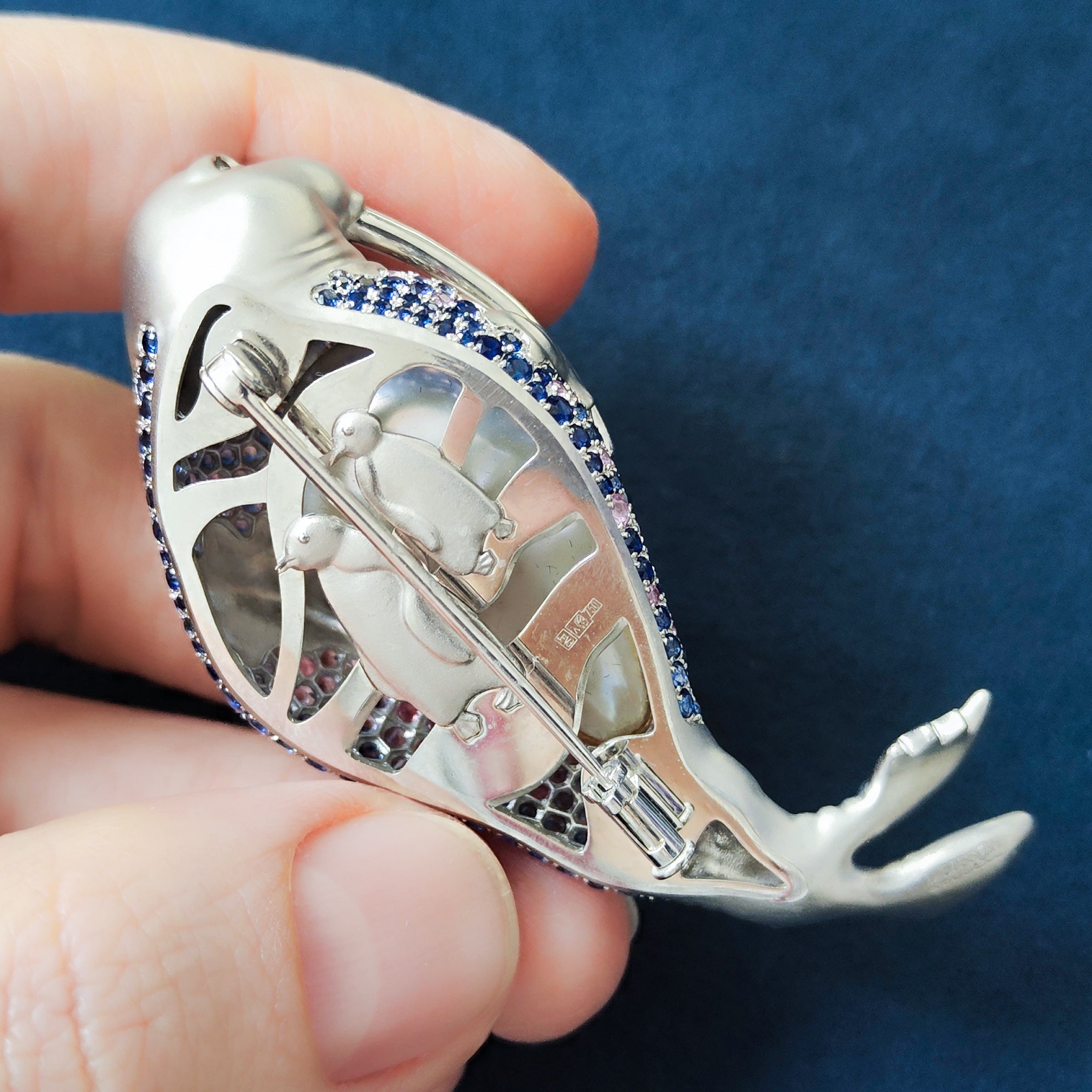 Pearl, Diamonds, Sapphires 18K White Gold Walrus Brooch, Brs 0287-0
