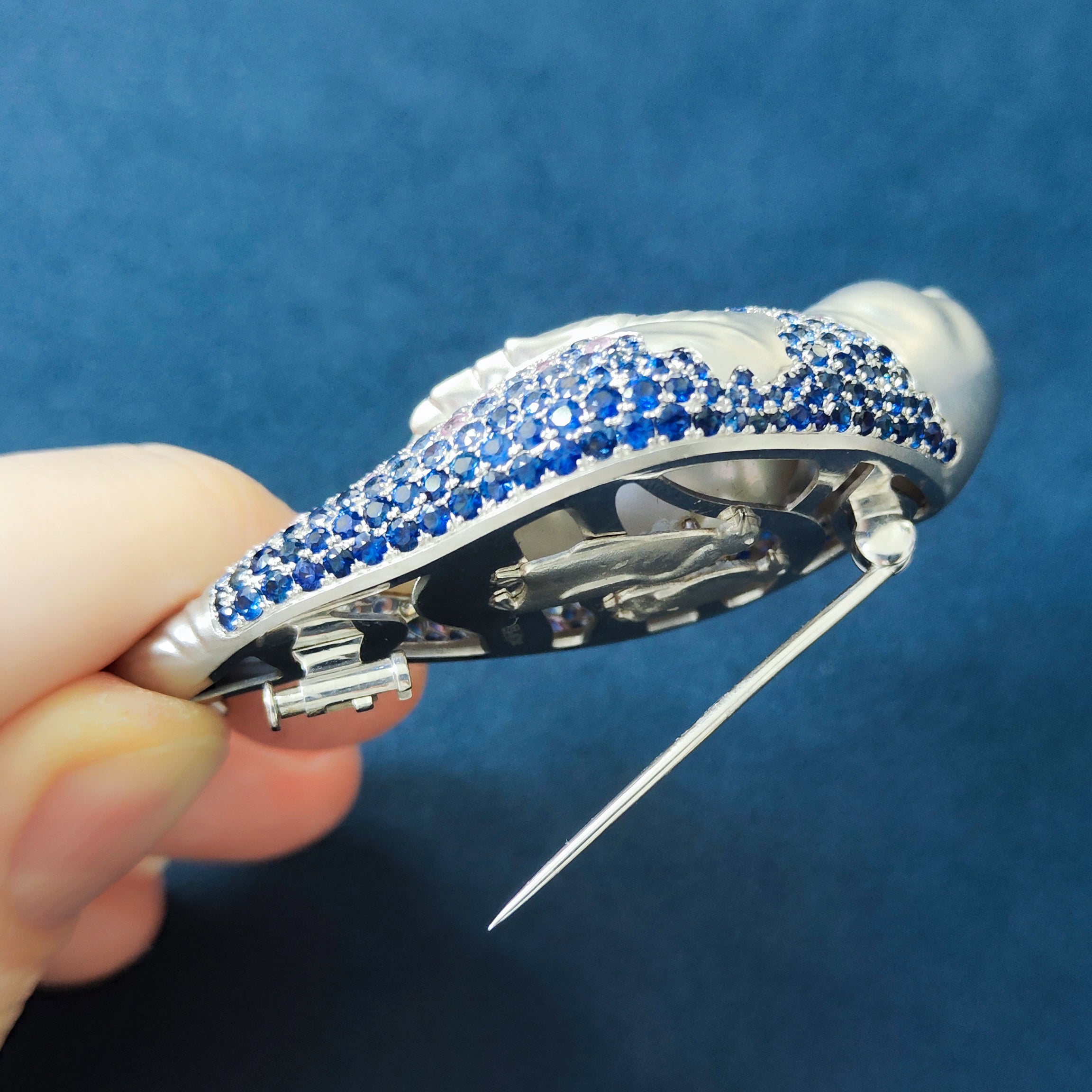 Pearl, Diamonds, Sapphires 18K White Gold Walrus Brooch, Brs 0287-0