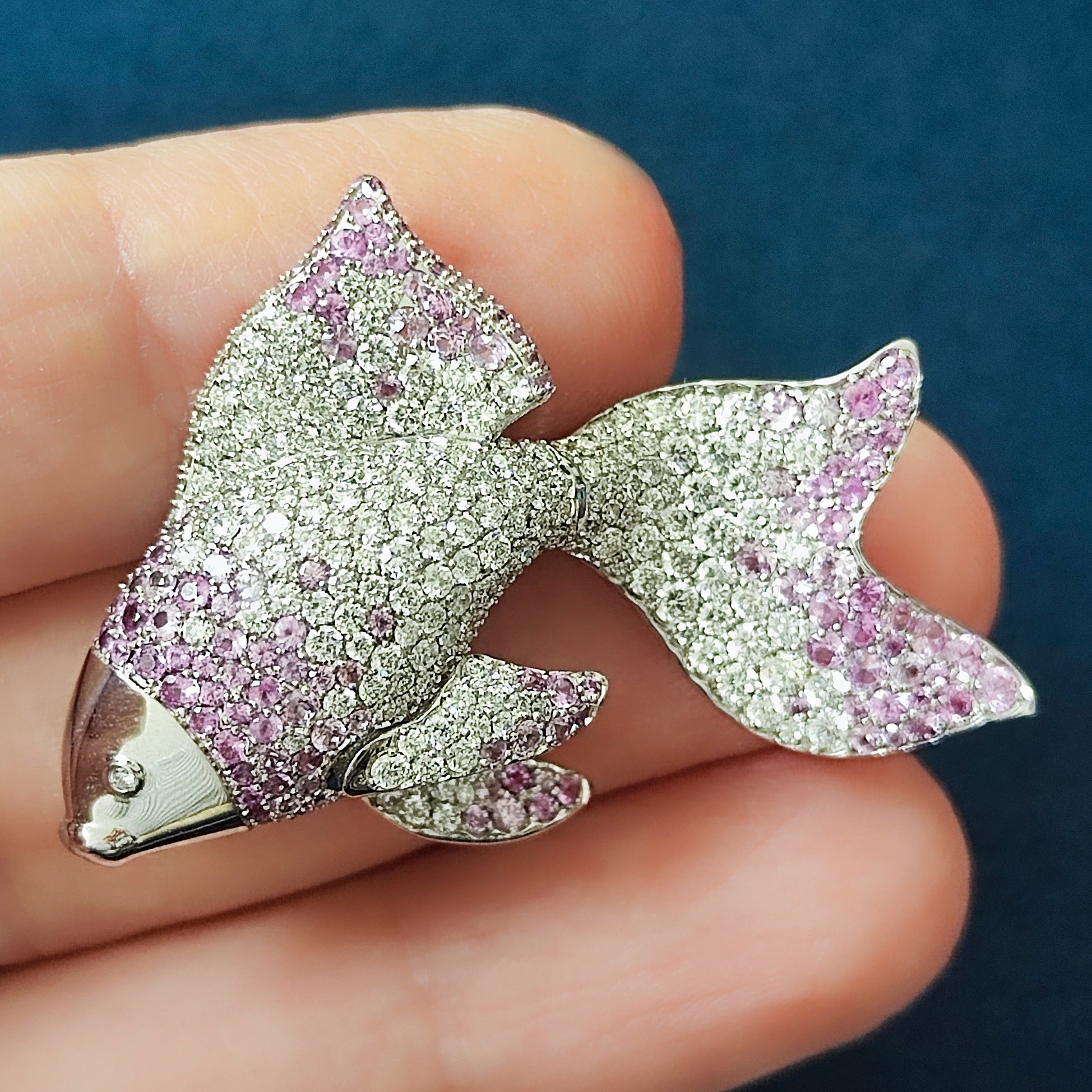 Diamonds, Pink Sapphires 18K White Gold Golden Fish Brooch, Brs 0251-21