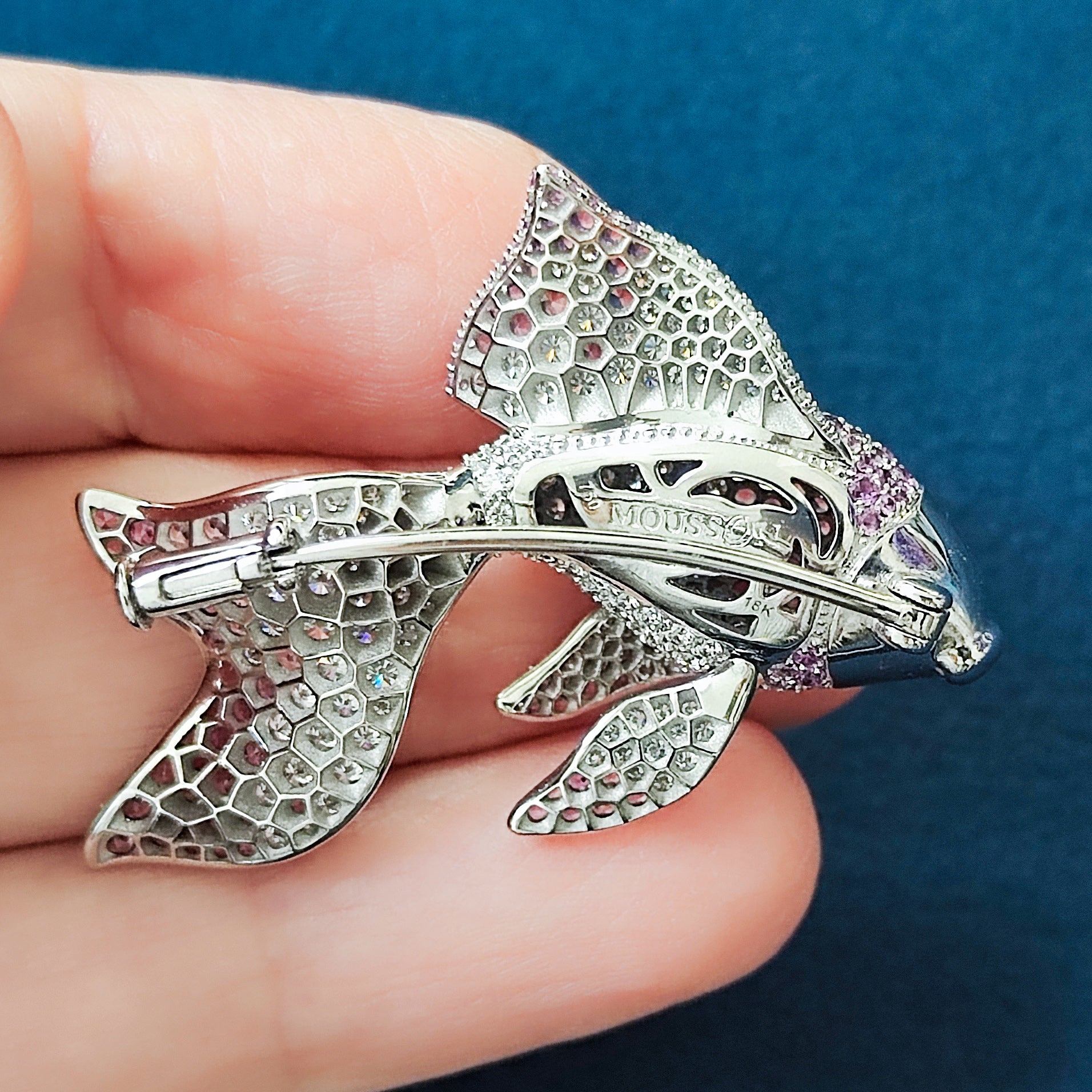 Diamonds, Pink Sapphires 18K White Gold Golden Fish Brooch, Brs 0251-21