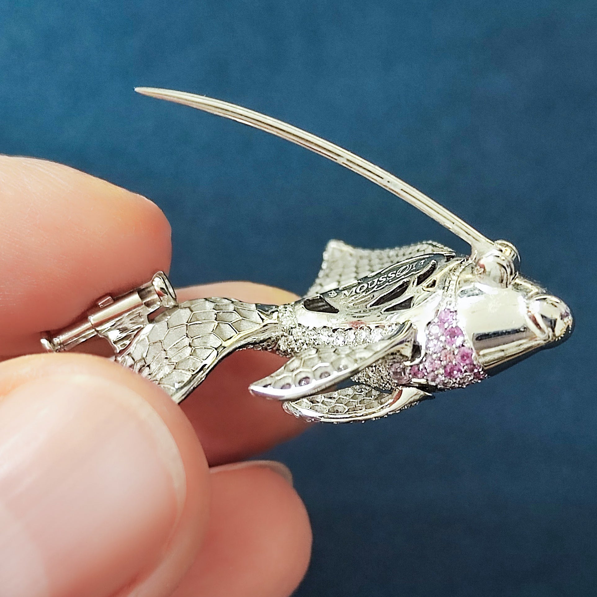 Diamonds, Pink Sapphires 18K White Gold Golden Fish Brooch, Brs 0251-21