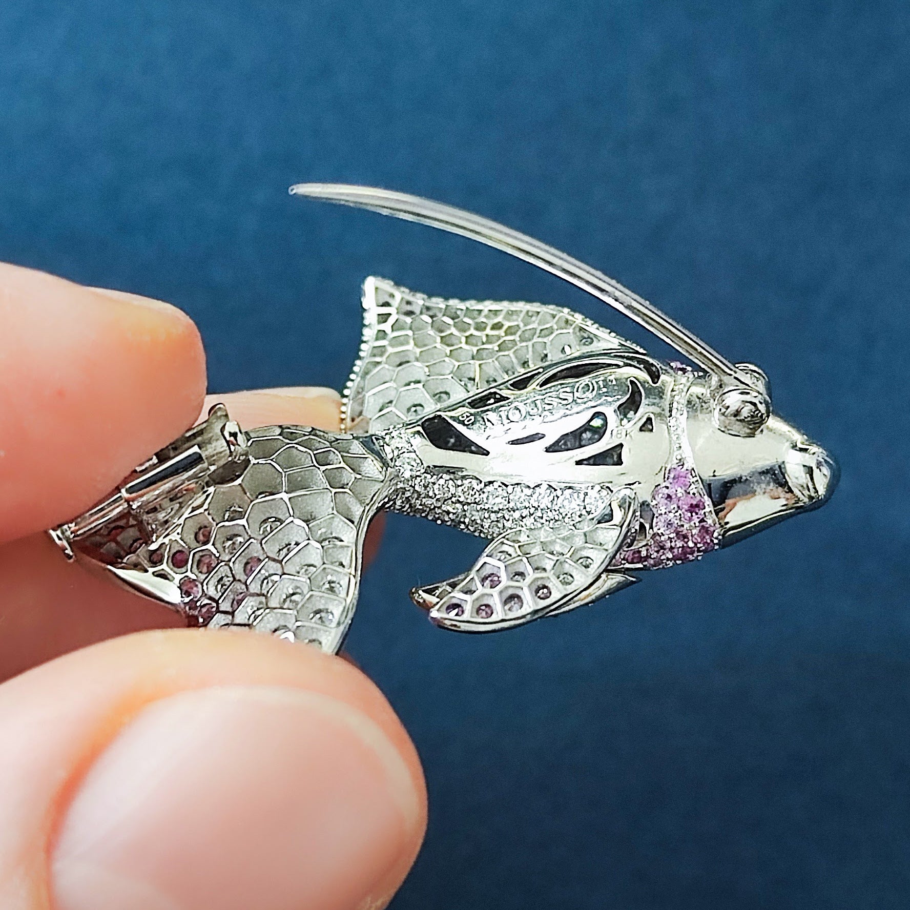 Diamonds, Pink Sapphires 18K White Gold Golden Fish Brooch, Brs 0251-21