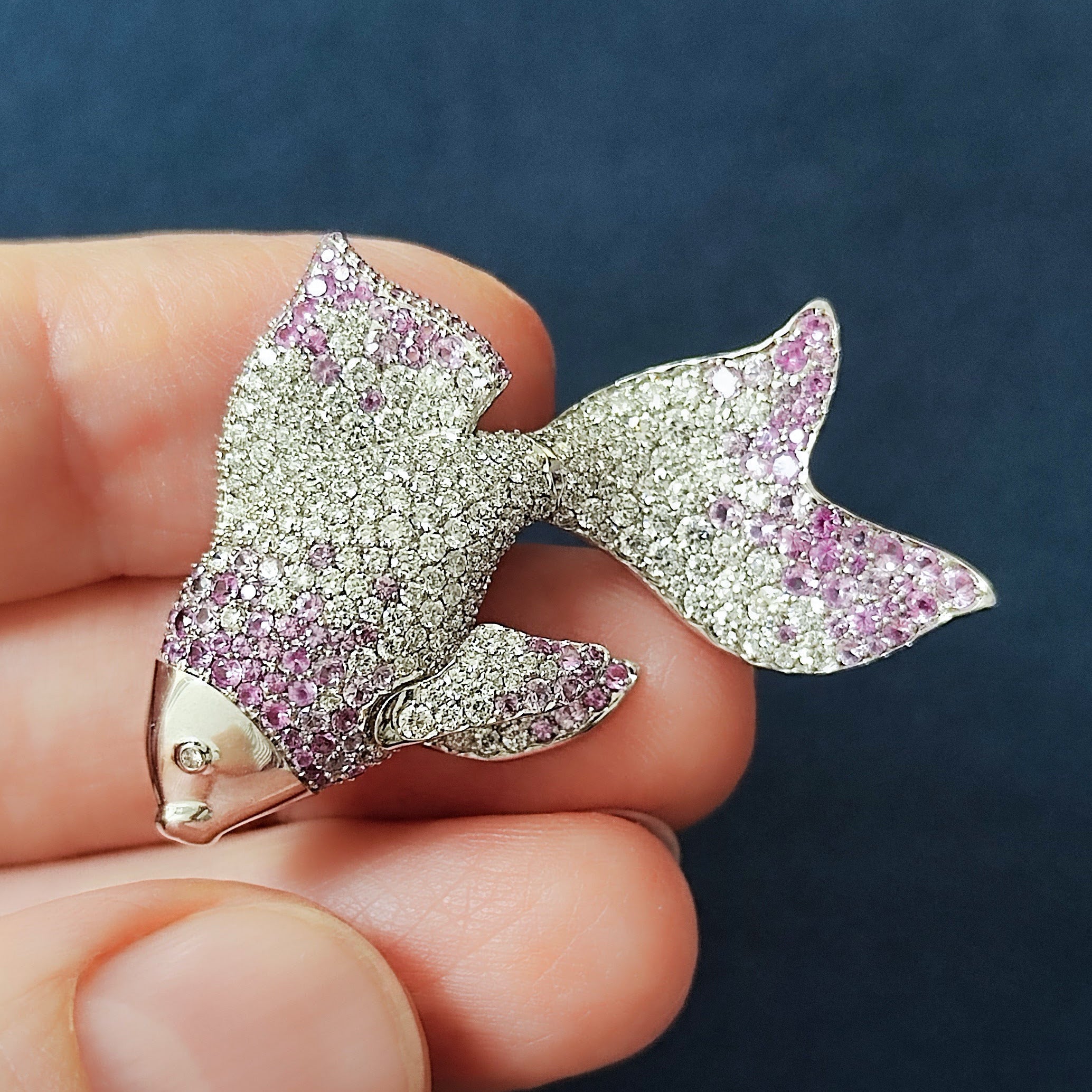 Diamonds, Pink Sapphires 18K White Gold Golden Fish Brooch, Brs 0251-21