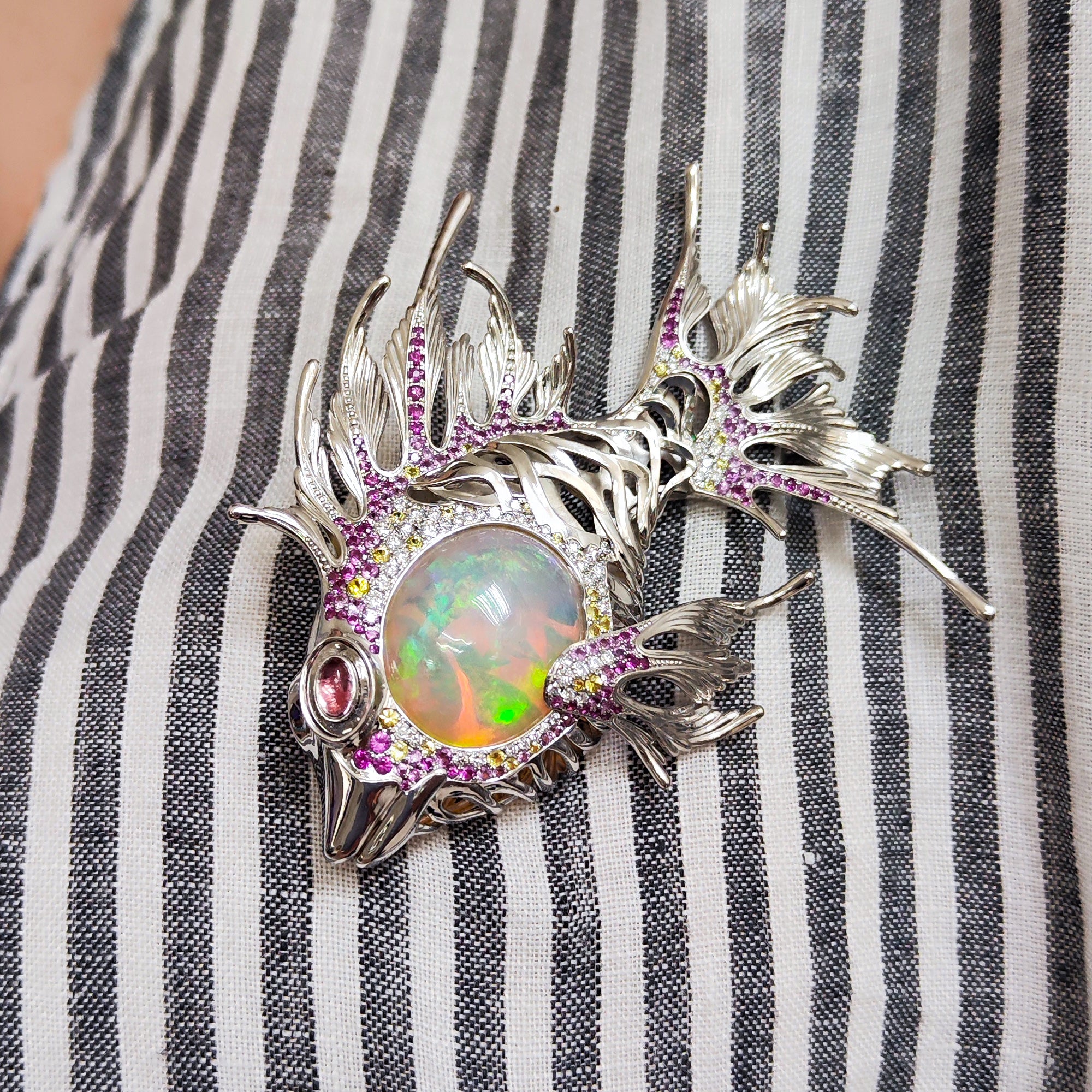 Opal, Diamonds, Sapphires 18K White Gold Lion-Fish Brooch, Brs 0251-3
