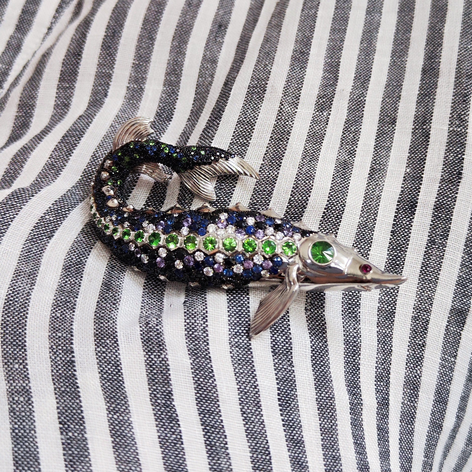 Diamonds, Sapphires, Tsavorites 18K White Gold Sturgeon Brooch, Brs 0277-0
