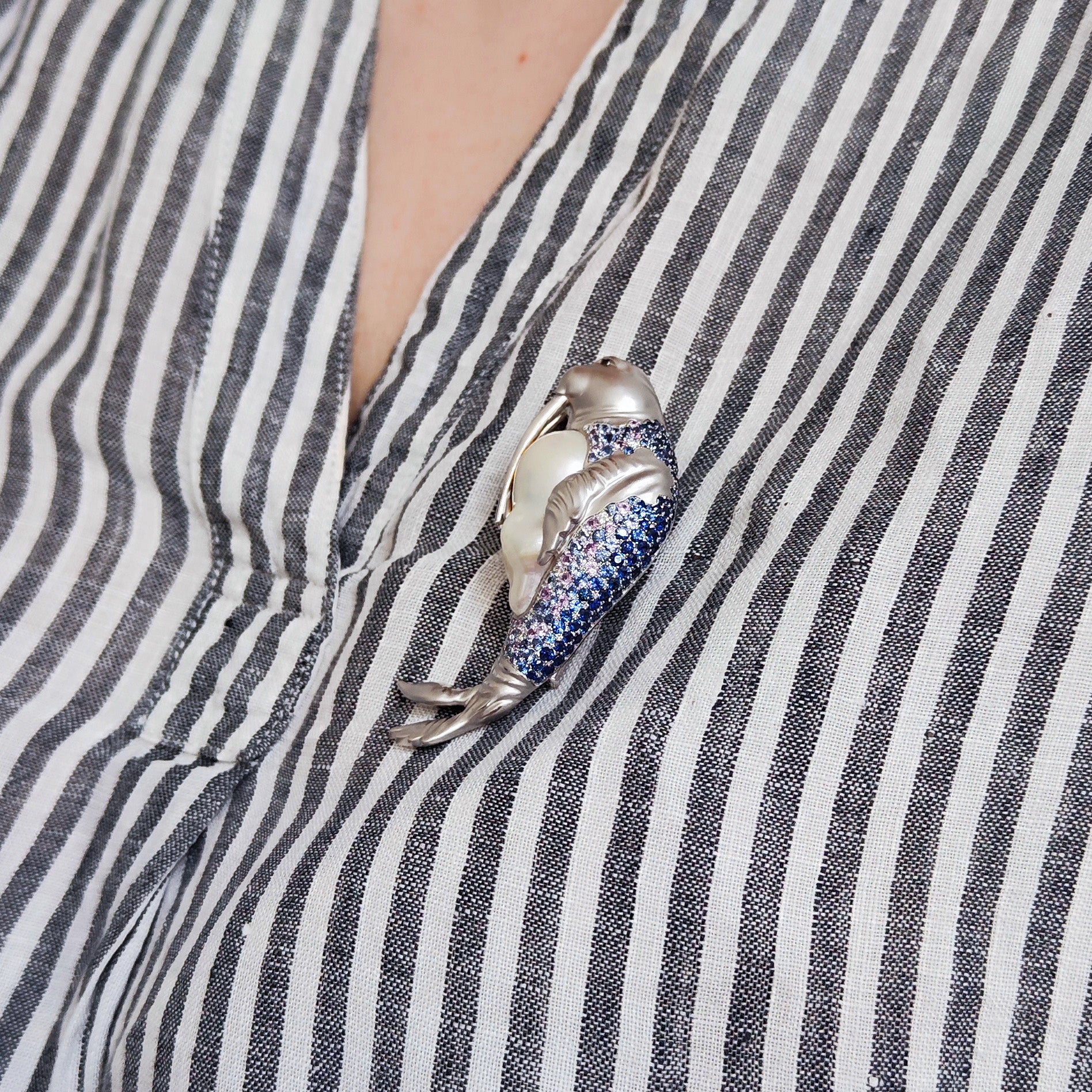 Pearl, Diamonds, Sapphires 18K White Gold Walrus Brooch, Brs 0287-0